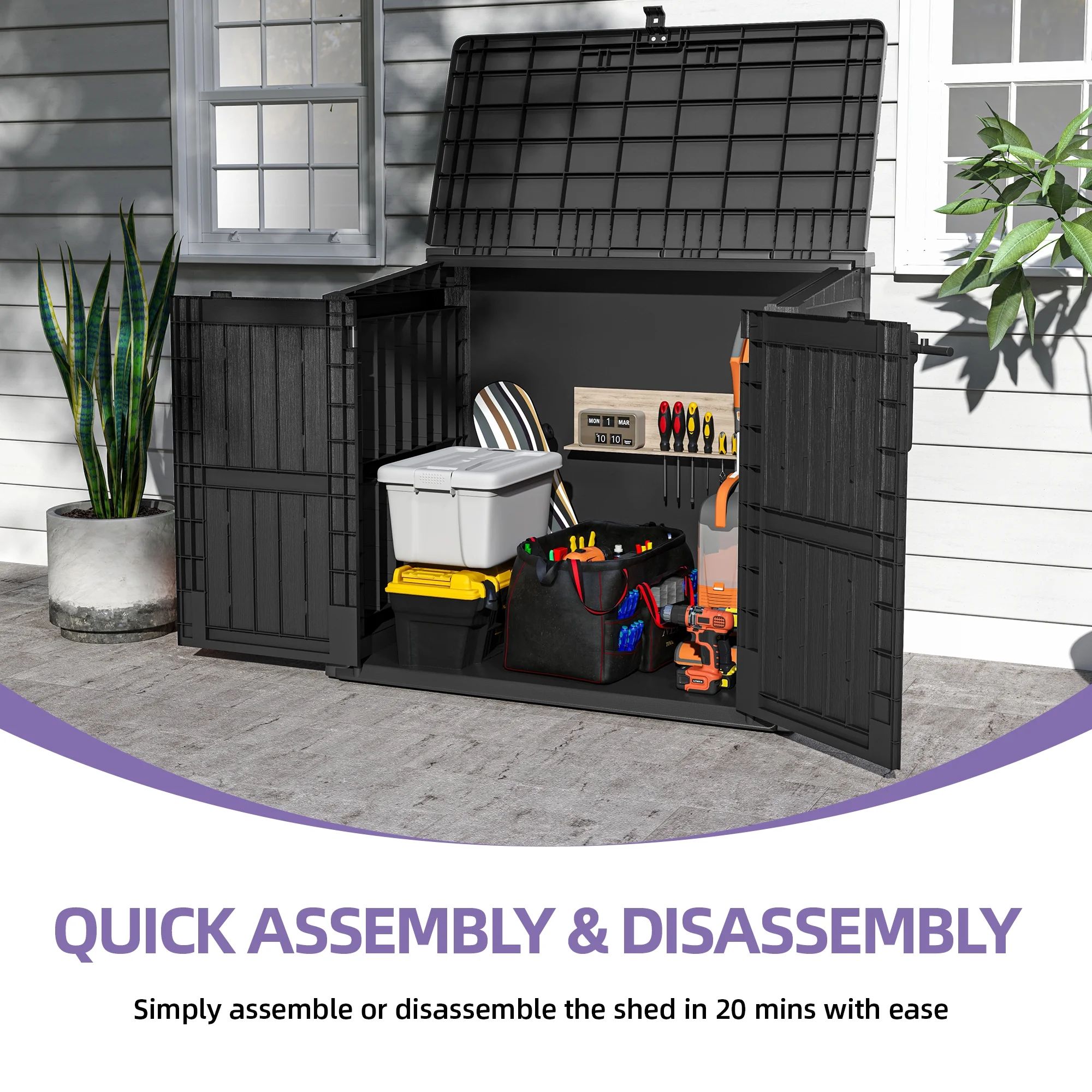 UFORIC Horizontal Resin Storage Shed with Lockable Door, Floor, Locking Latch, Tool Organizer