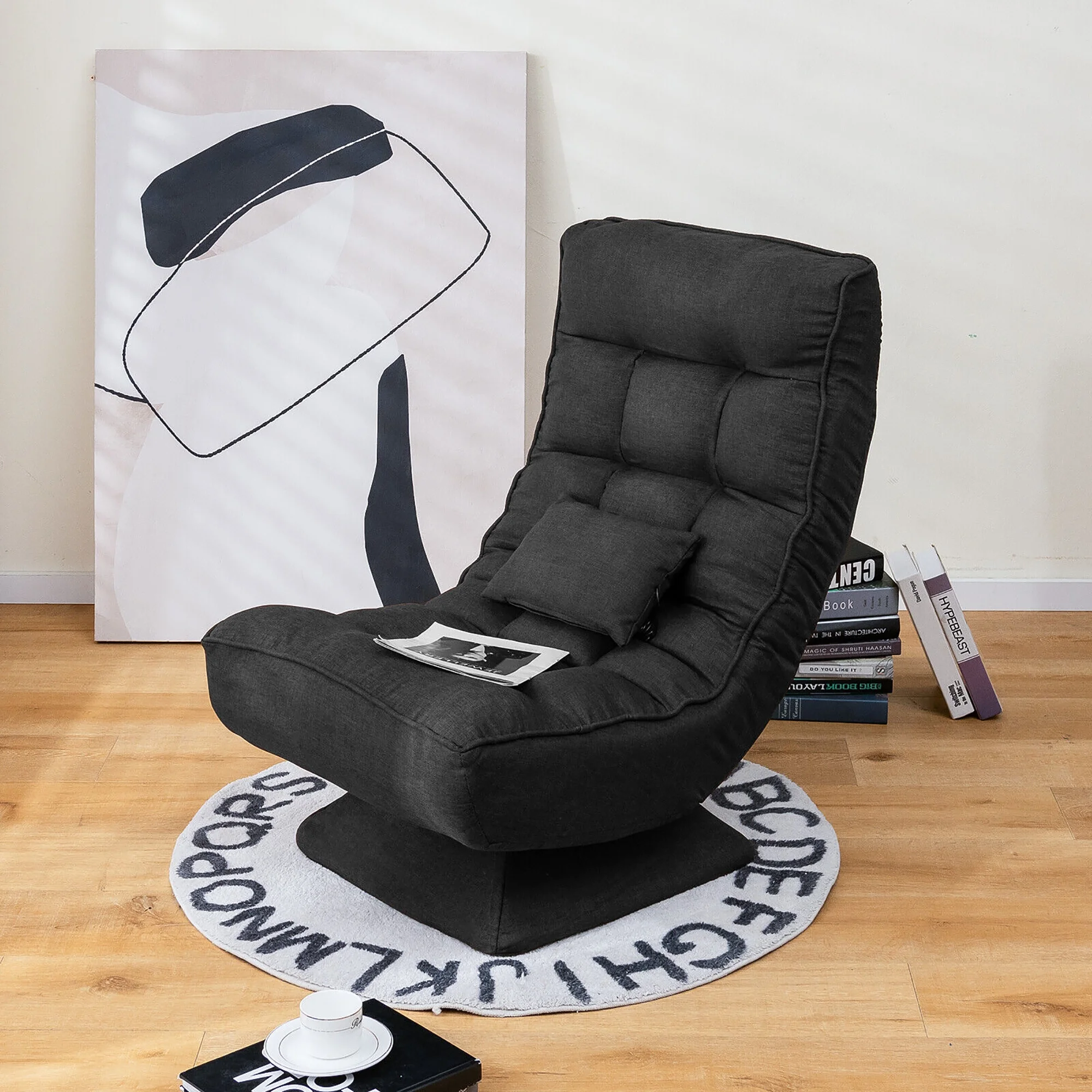 Costway 360 Swivel Floor Chair 5-Level Adjustable Lazy Chair w/ Massage Pillow Black