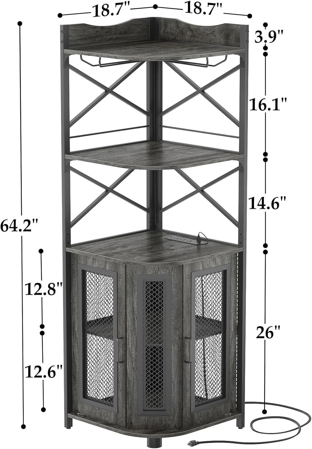 Homieasy Corner Bar Cabinet with Power Outlet Open Storage, Wood Steel Black Oak