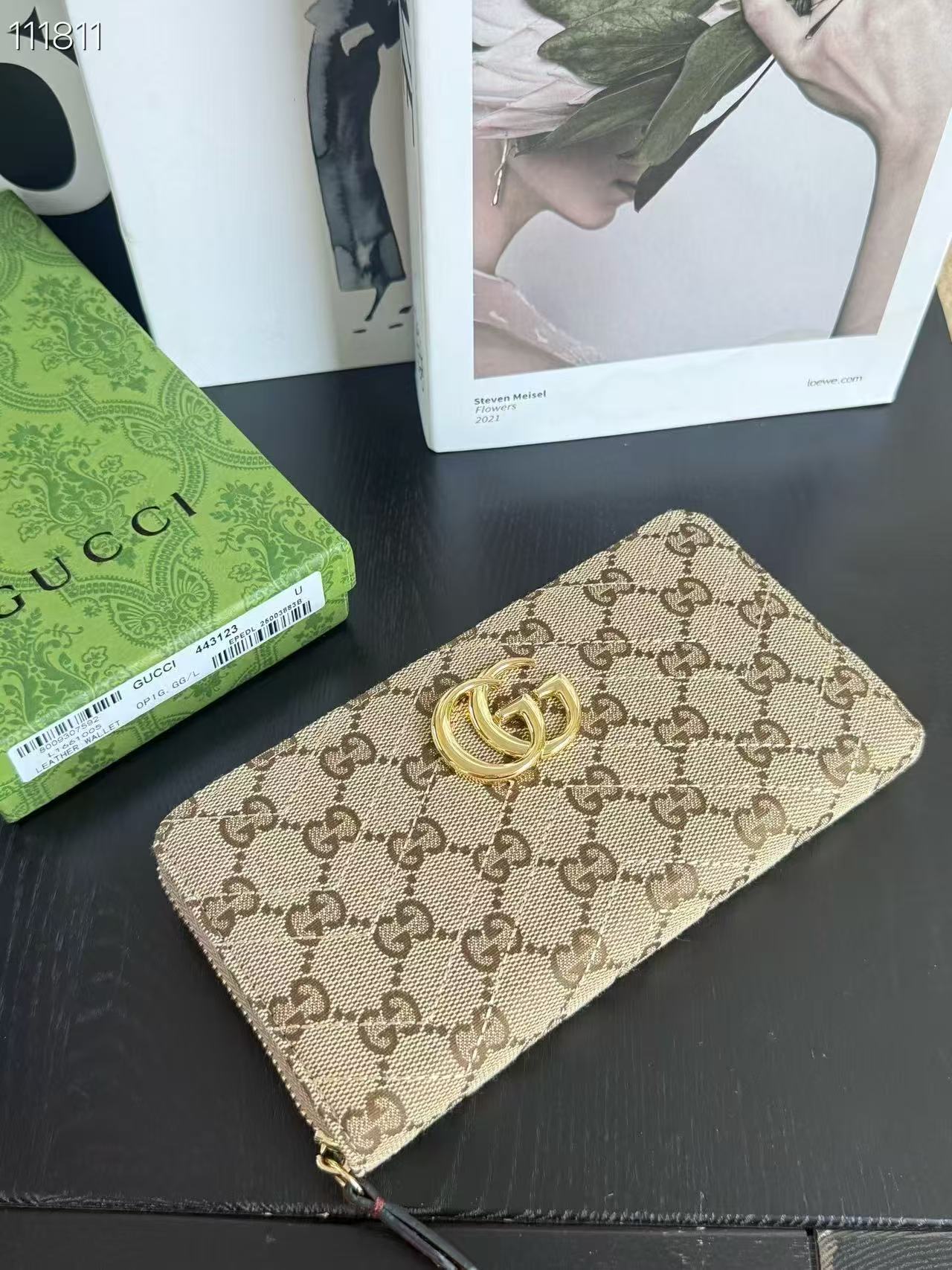Gucci Marmont Zip Around Wallet in Sand and Brown GG Canvas
