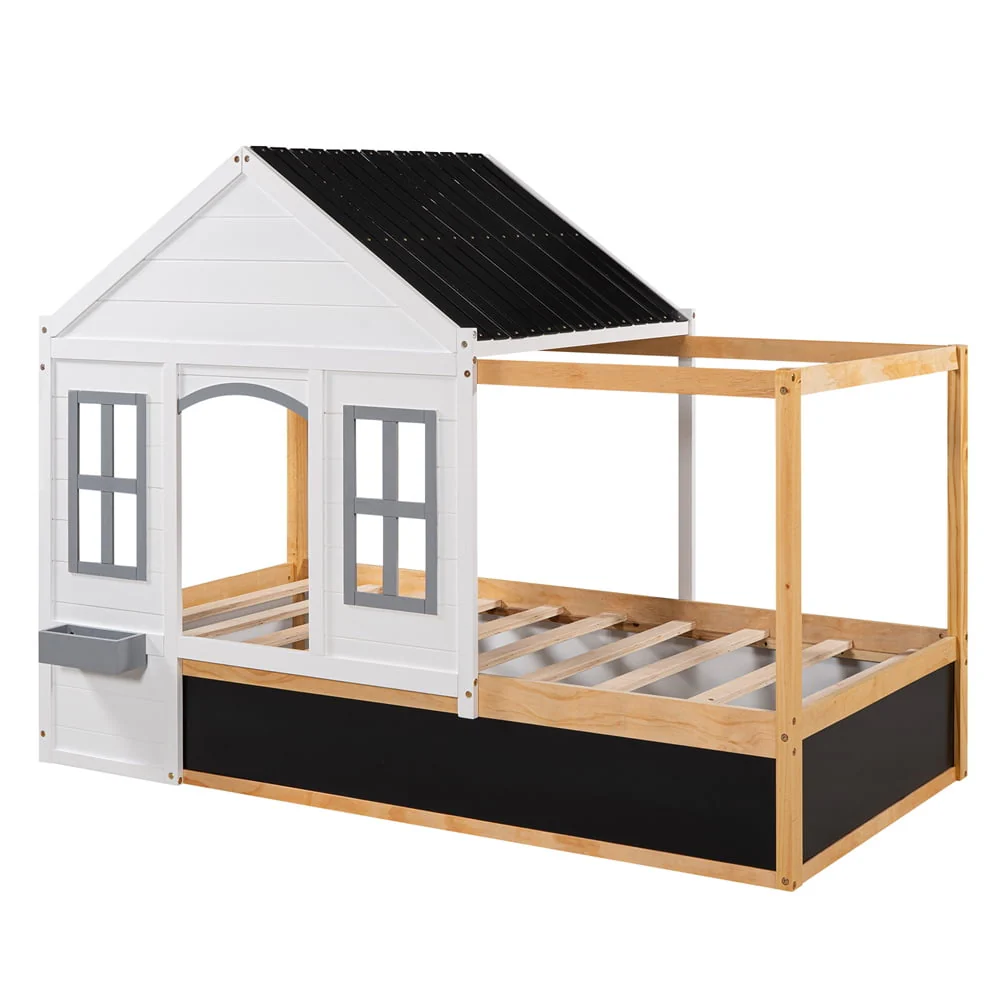 House Platform Bed with Black Roof and 2 Windows, Solid Wood Twin Size Canopy Platform Bed Frame with Little Shelf and Blackboard for Toddlers Kids Girls Boys, No Box Spring Needed, White