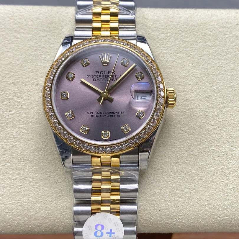 Rolex Watch Datejust 31mm Yellow Gold Steel Diamond Bezel Purple Dial Diamond Numerals