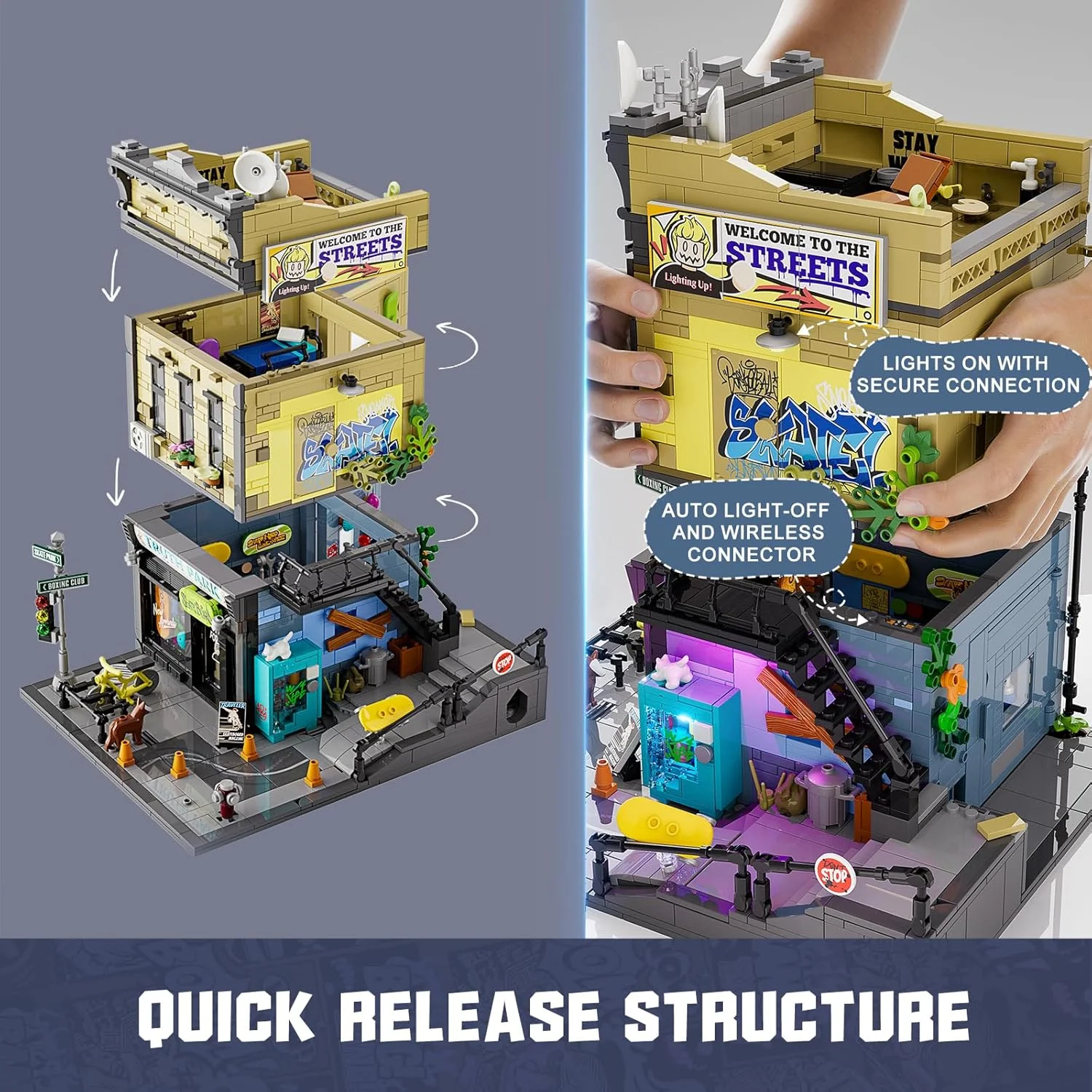 FUNWHOLE Skate-Shop Lighting Building-Bricks Set - Street Fusion City Skate Store Collection LED Light Modular Building Kit 1573 Pcs for Adults and Teen