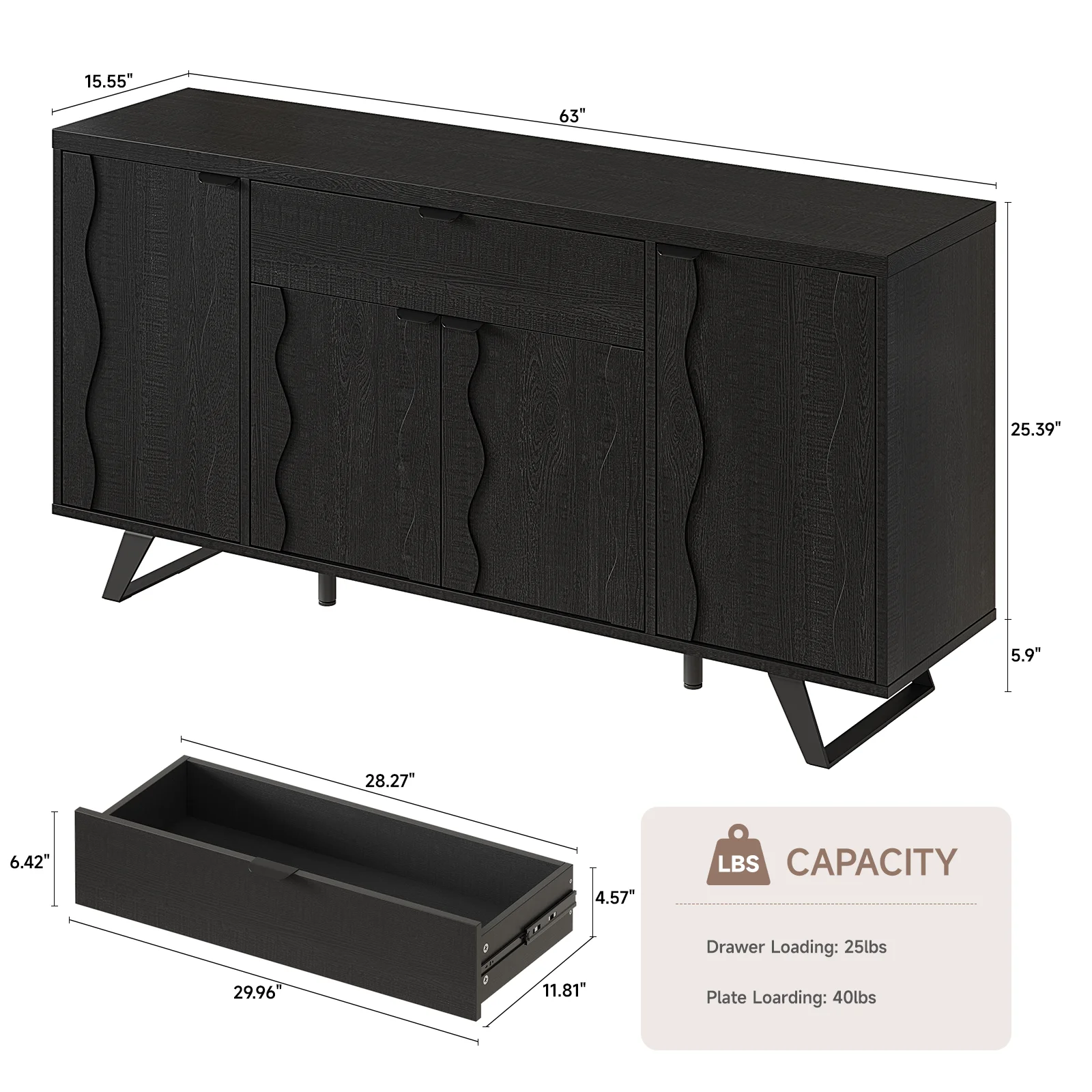 63" Sideboard Buffet Cabinet, Kitchen Buffet Storage Cabinet, Mid Century Modern Storage Cabinet with 4 Doors & Shelves, Wood Coffee Bar Console Wine Bar for Living Room, Kitchen,Hallway,Black
