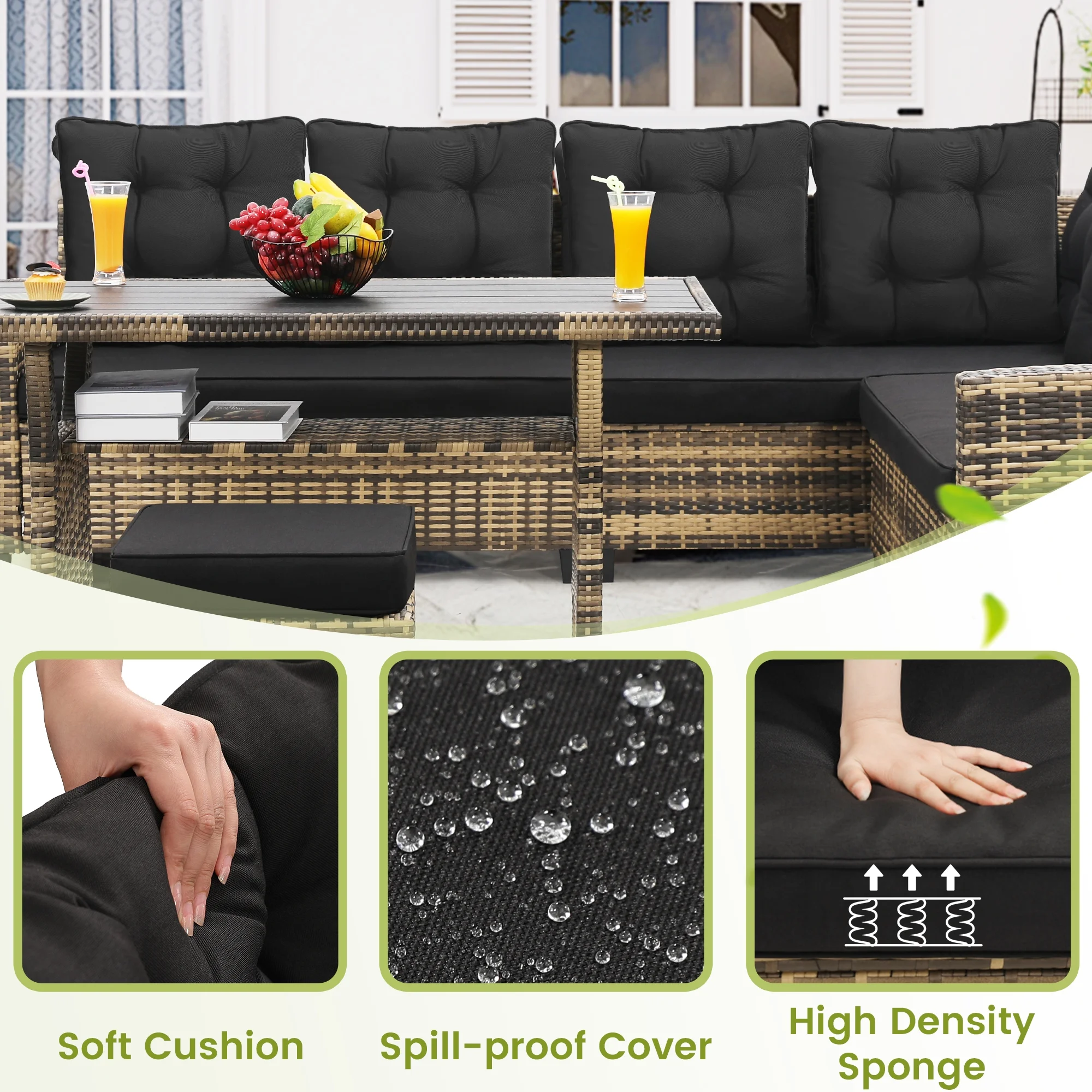 LOGYAT 6 Piece All Weather Outdoor Sectional Set, with 2 Sofas, 2 Ottomans with 1 Table, Patio Conversation Furniture for Deck, Garden, Natural Wicker and Black Cushions