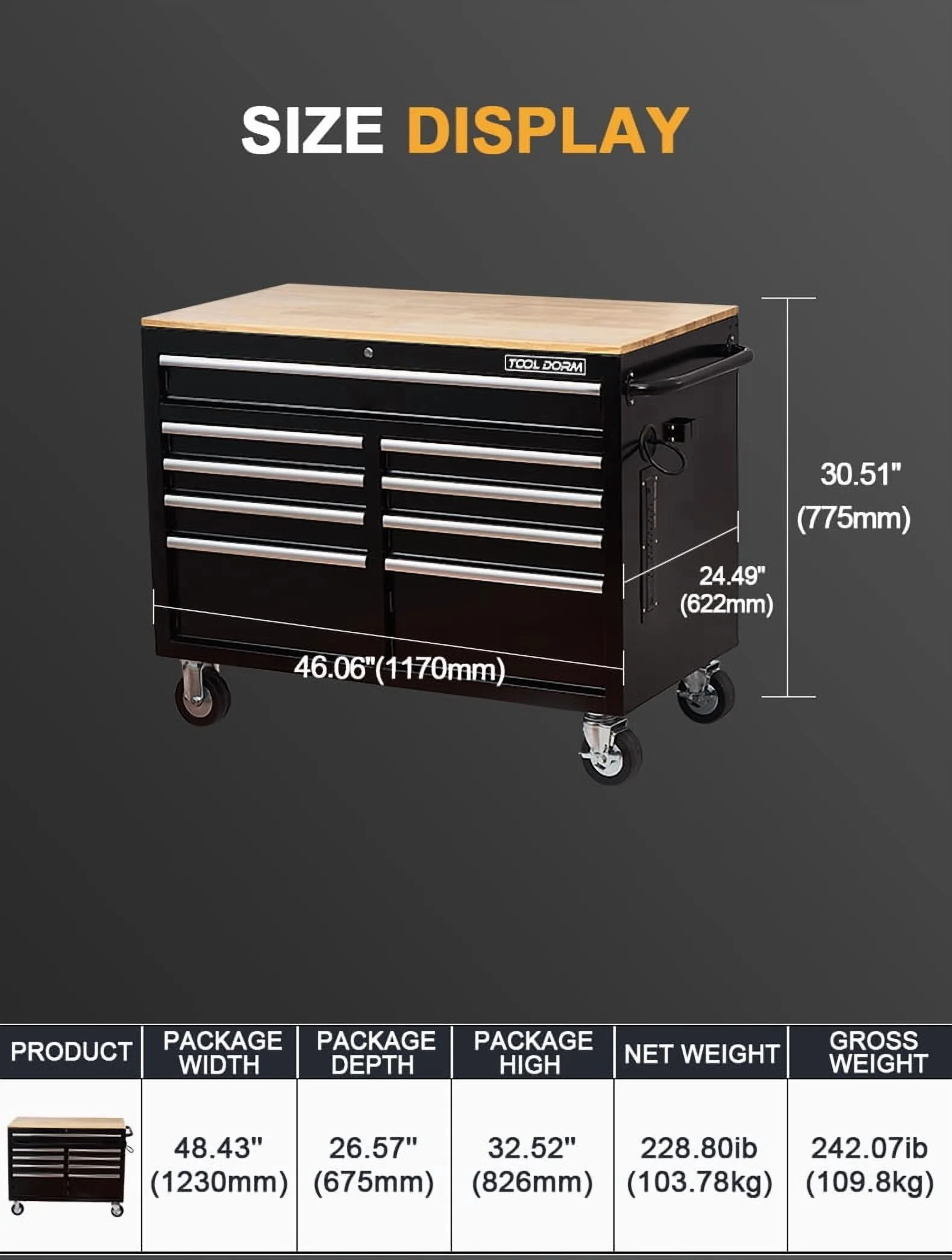 Rolling Tool Chest Extra-Deep 46In 9-Drawers, Mobile Tool Storage Cabinet/Work Bench with Wooden Top/Power Strip, Equipped with Casters, Handle, Liner, and Locking System, 1200 lbs Capacity