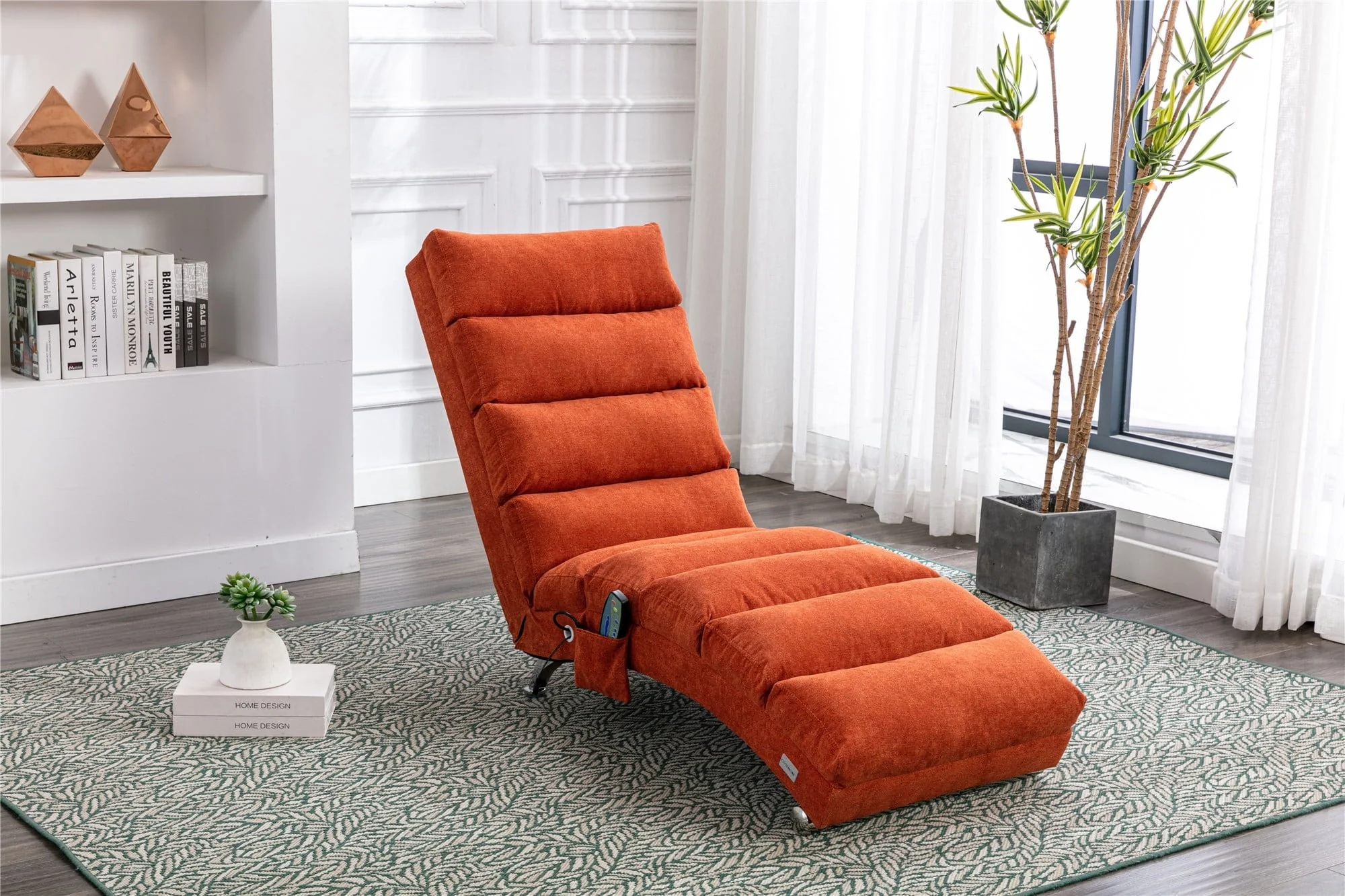 Linen Chaise Lounge Indoor Chair, Modern Long Lounger for Home Office, Ergonomic Recliner Leisure Chair Massage Chaise Lounge Recliner with Storage Pocket, Orange