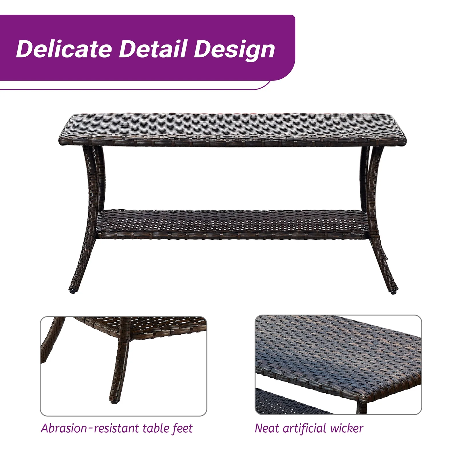 POCASSY 41.1" * 23.6" Coffee Table, Brown, Wicker Rattan, Patio, Balcony, Pool, Two-tier