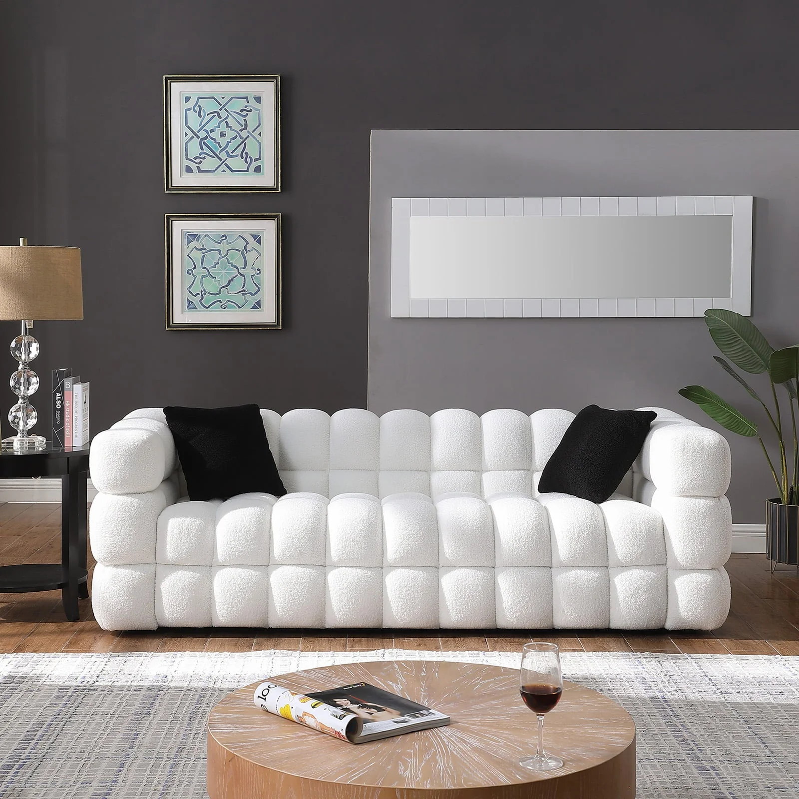 Holaki 3 Seater Sofa, 84.3" Modern Large Marshmallow Sofa with Boucle Arm, White