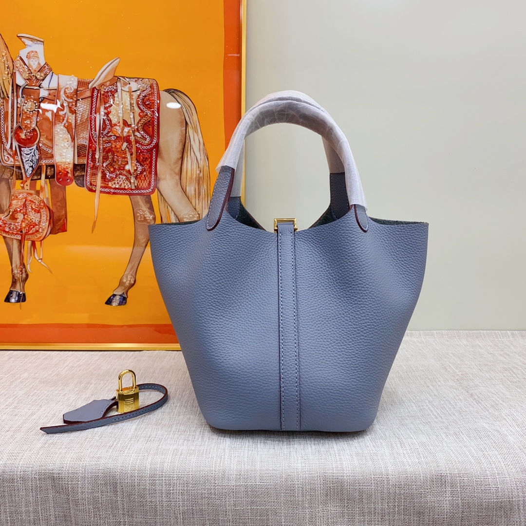 Hermes Clemence Picotin Lock Bag Golden Hardware -Haze Blue Bag