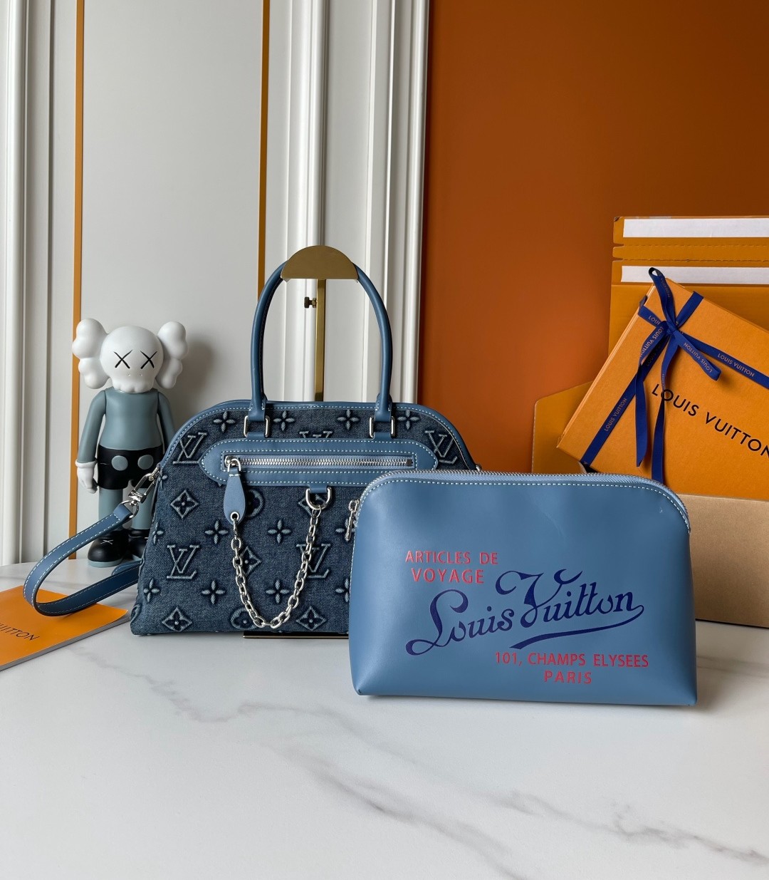 LV PM Montorgueil Ever More Embossed Monogram Blue Denim Dome Top Handle Bag With Pouch