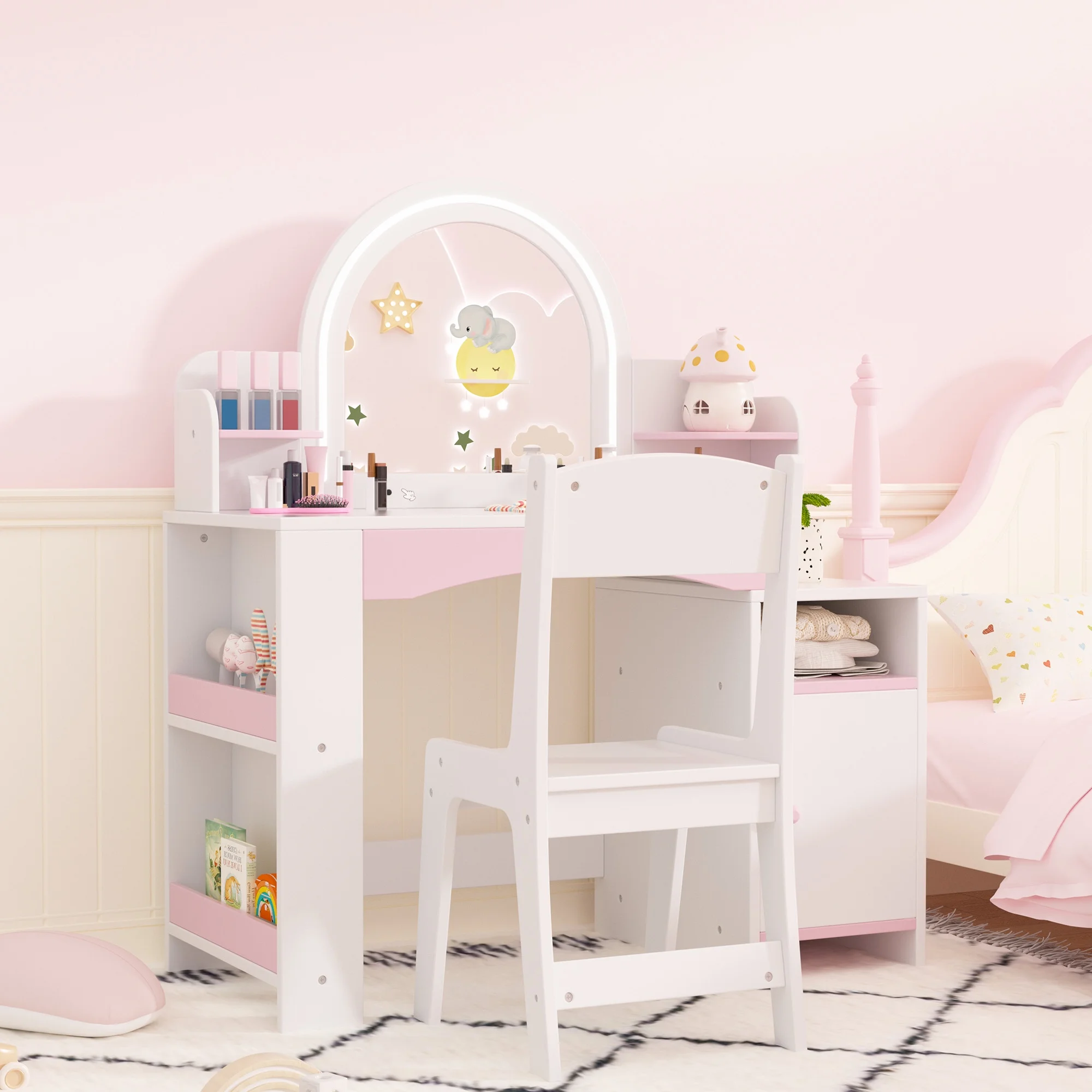 Kids 2-in-1 Princess Vanity Table Set with Jewelry Storage and Open Shelves, White