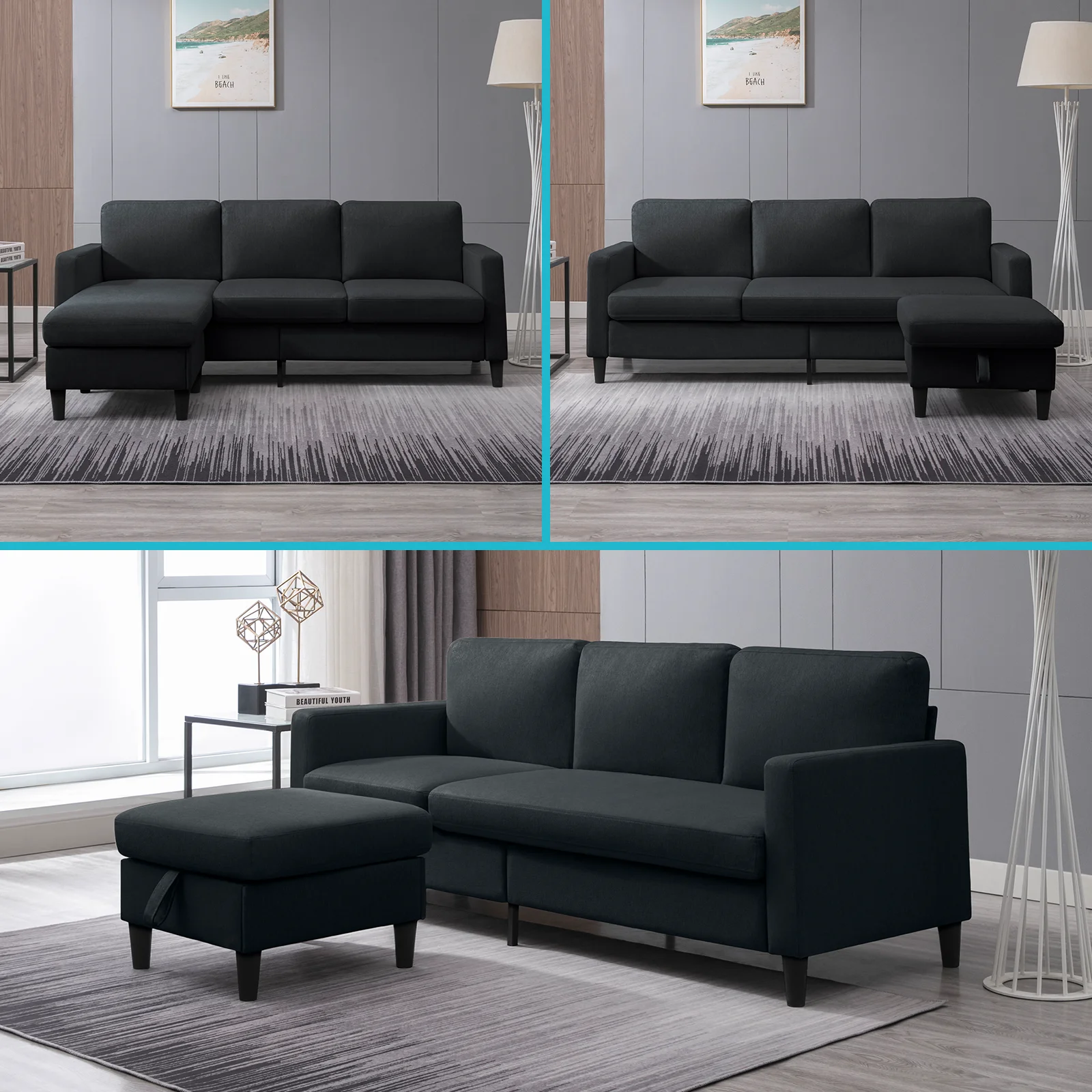 Mixoy 76"W  Sectional Sofa with Movable Ottoman, Free Combination Sectional Couch, Small L Shaped Sectional Sofa with Storage Ottoman, Modern Linen Fabric Sofa Set for Living Room (Dark Grey)