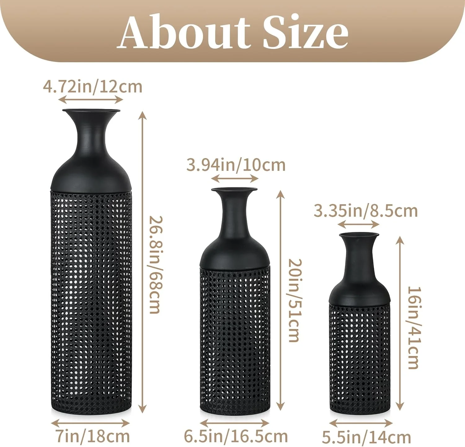 Black Large Floor Vases: Tall Vases Floor Standing for Living Room 27/20/16in - Metal Tall Floor Vase Set of 3 - Modern Oversized Floor Vase for Bedroom Kitchen Fireplace Corner