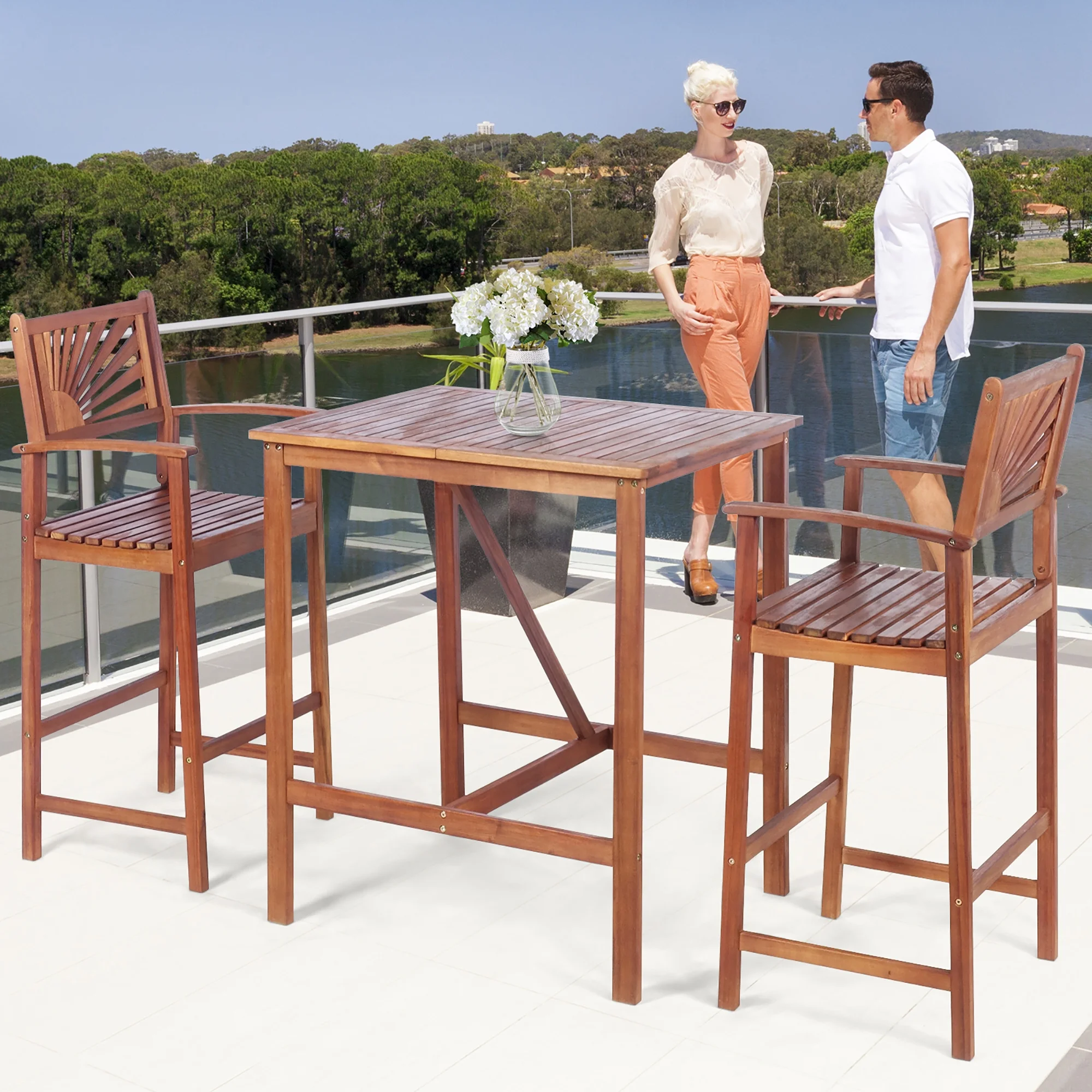 Costway 3PCS Bar Set Acacia Wood Bar Height Patio Bistro Dining Set Outdoor