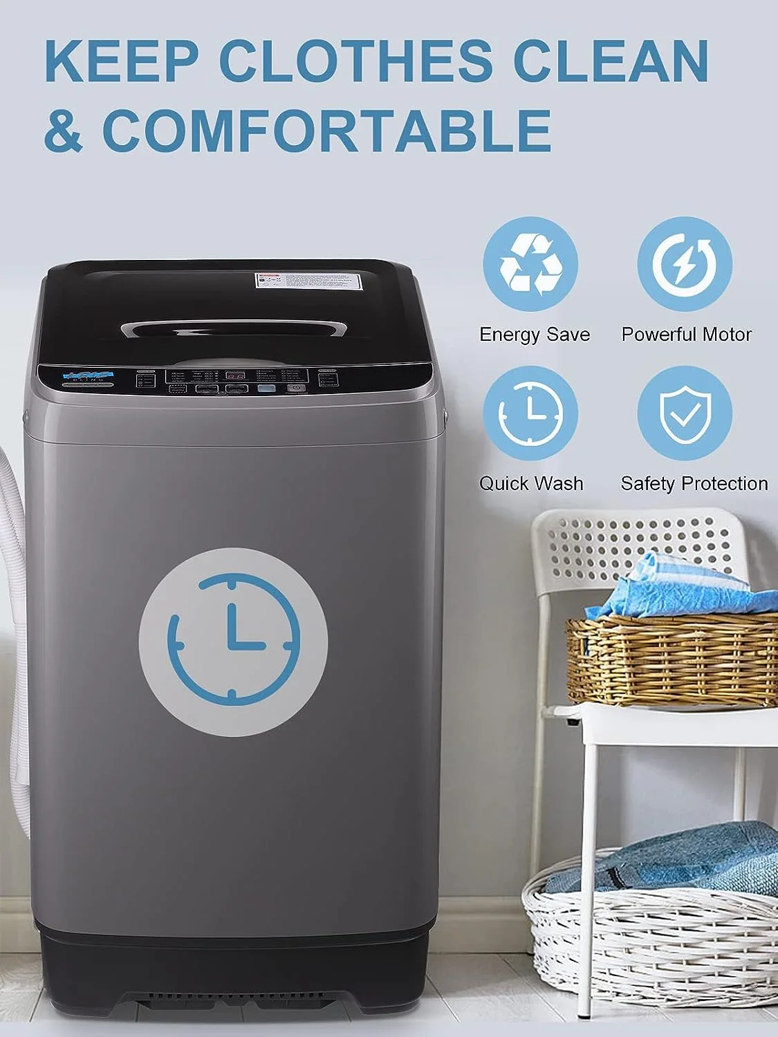 17.7 lbs Full Automatic Washing Machine with LED Display Compact Washing Machine with Drain Dump, 10 Wash Programs and 8 Water Levels Ideal for Dorms, Apartments, Grey