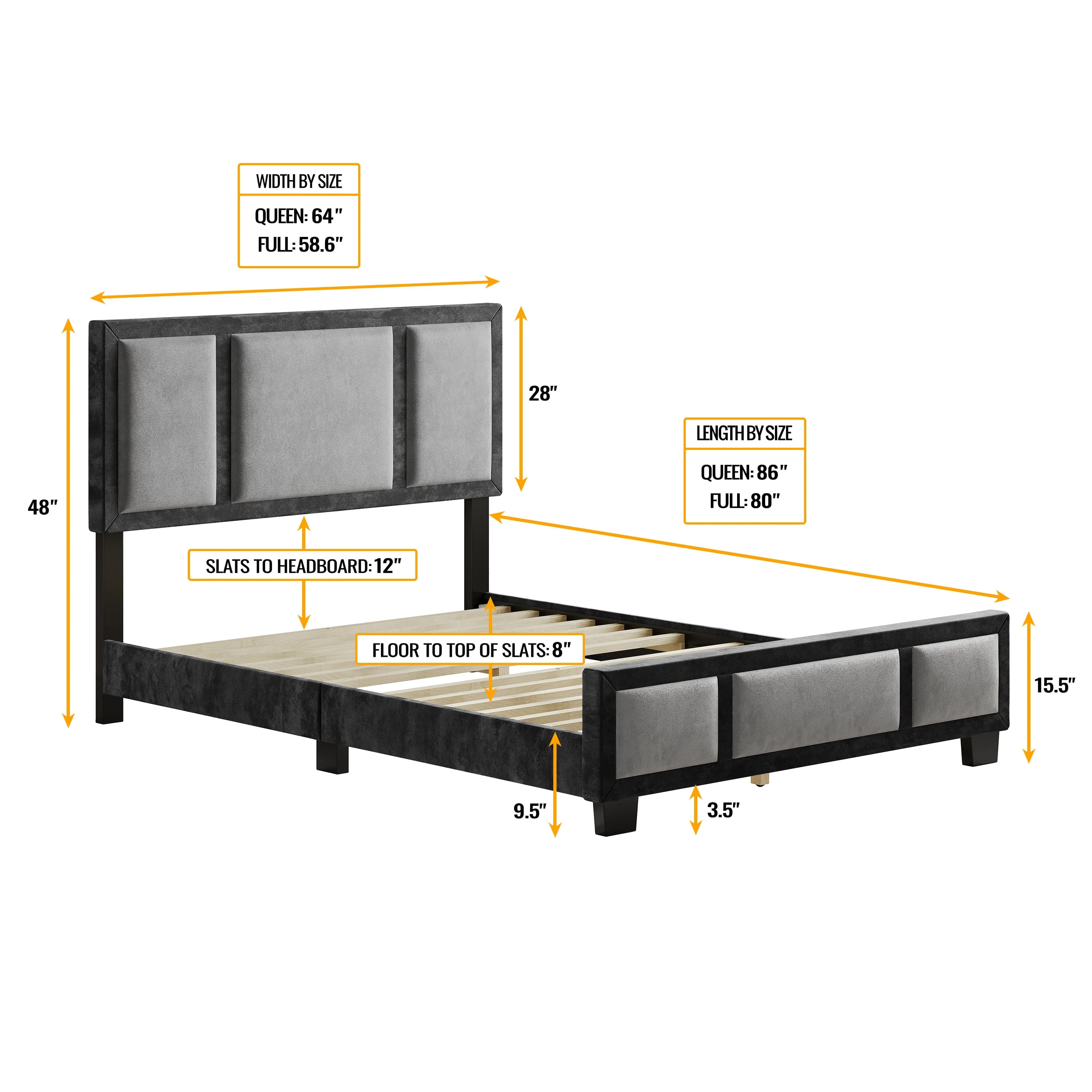Boyd Sleep Triptych Velvet Upholstered Platform Bed, Black/Gray, Full