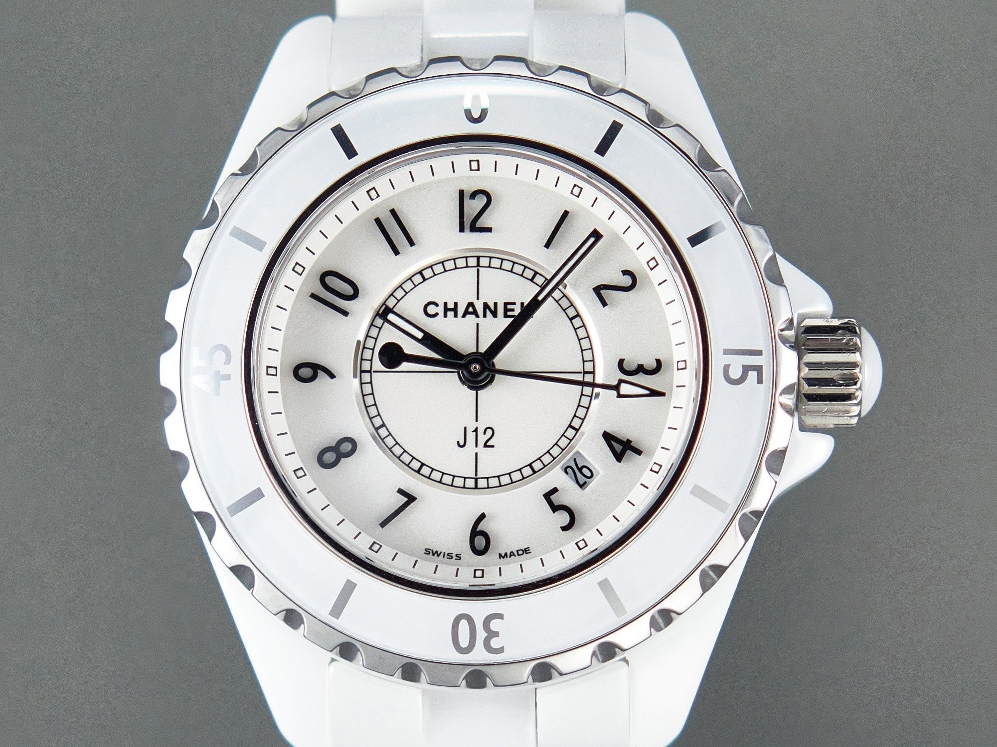 Chanel Watch J12 Date Quartz White Ceramic Black Numerals White Dial