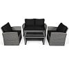Costway 4PCS Patio Rattan Furniture Set Sofa Table Storage Shelf Black Cushion
