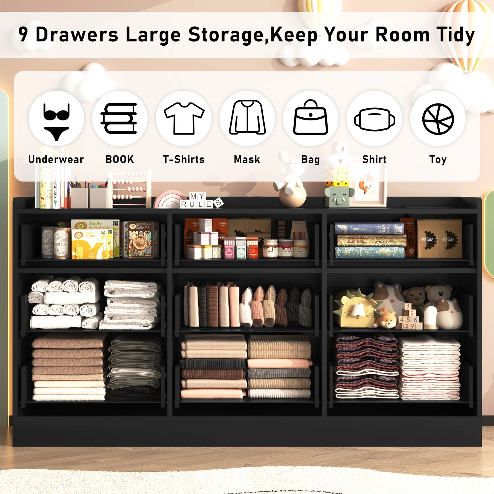 9 Drawer Dresser for Bedroom with Power Outlet, 63" Large Dresser with LED Light, Wooden Dresser For Closet, Chest of Drawers with Raised Edges