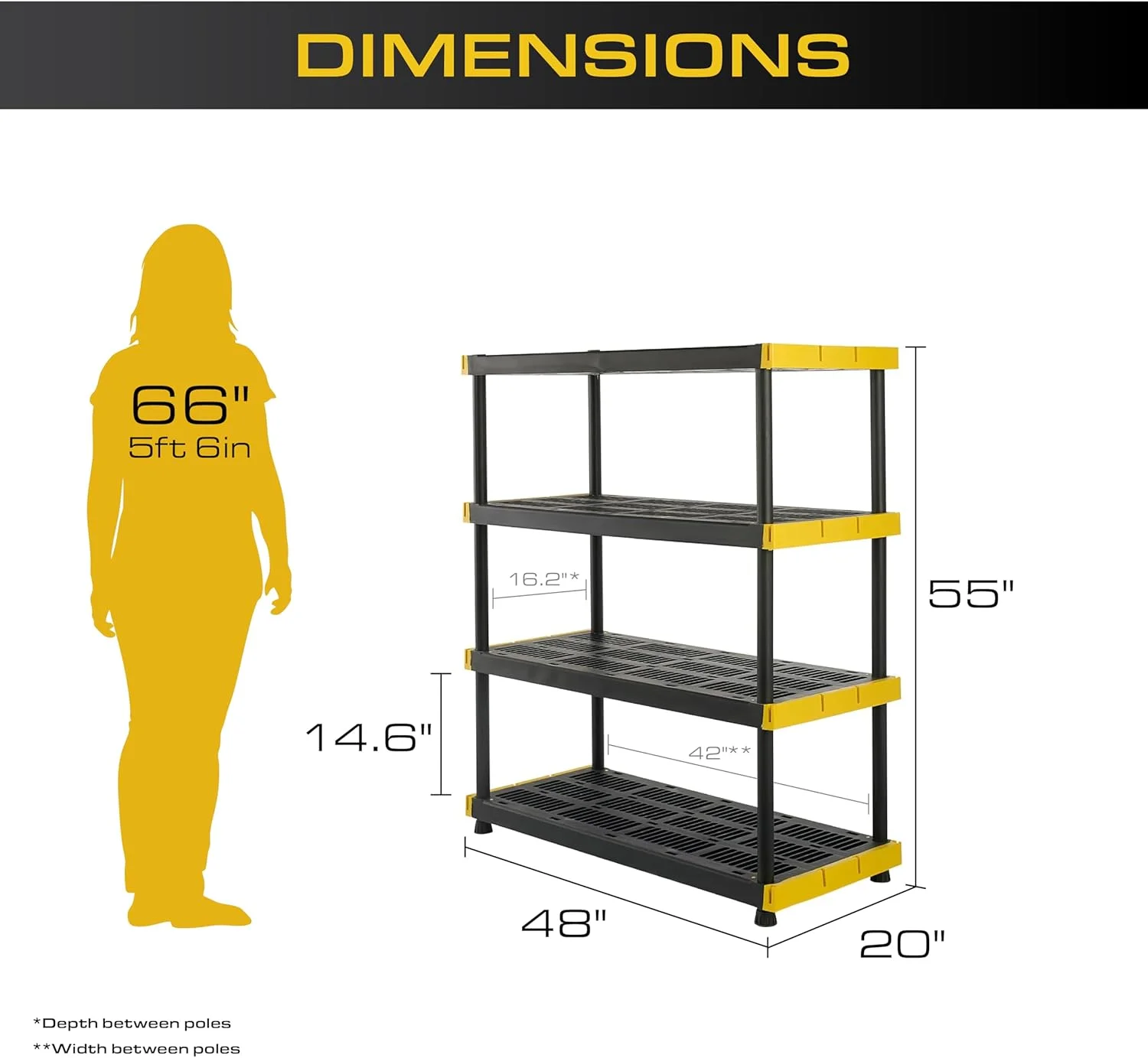 TDUKDB Black and Yellow, 4-Tier Heavy Duty Plastic Storage Shelving Unit, 200lbs/shelf (55��H x 48��W x 20��D), for Indoor/Outdoor Organization, Modular Rack