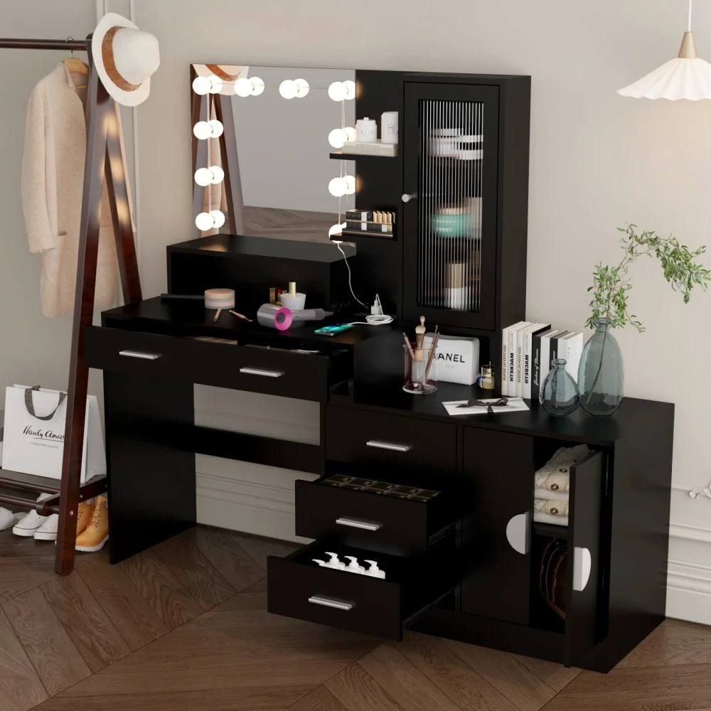 IVV Vanity Desk with Lighted Mirror and Charging Station, Makeup Dressing Table with 5 Drawers and Storage Cabinet, 10 LED Bulbs, 3-Color Lighting Modes, Brightness Adjustable, Black