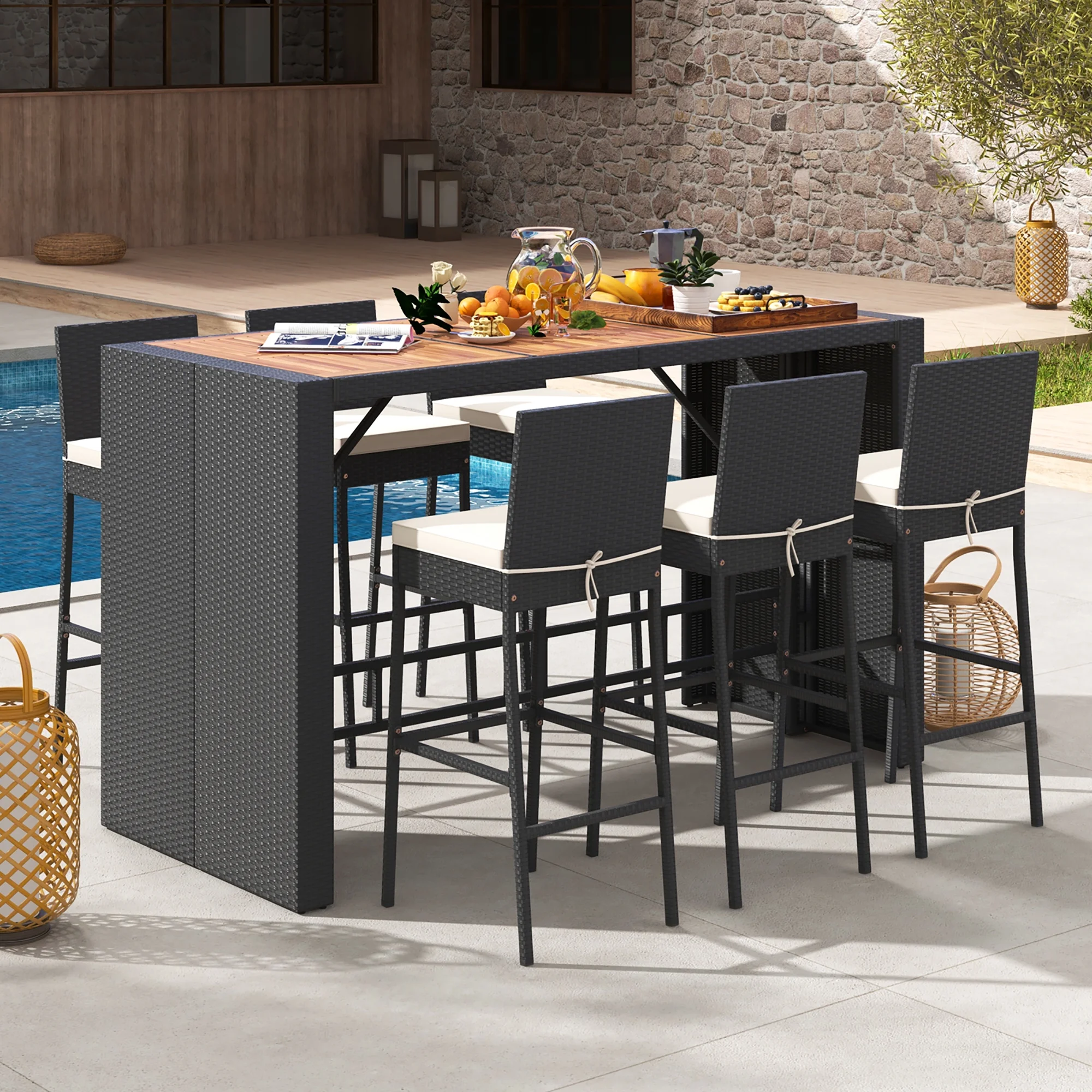 Gymax 7 Pieces Patio Bar Set w/ Acacia Wood Tabletop & Removable Cushions Outdoor