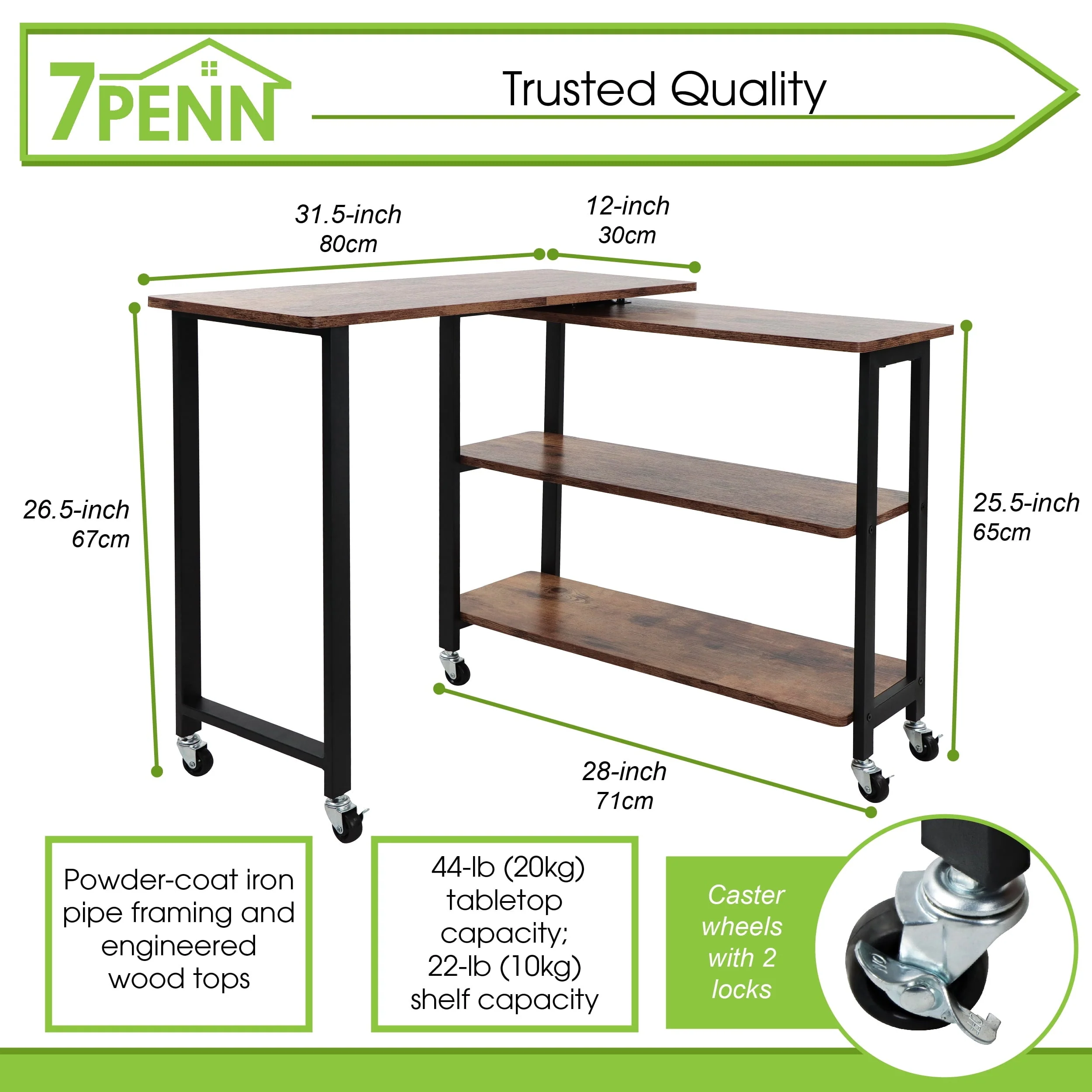 7Penn Side Couch Table Tray with Wheels - Rotating Sofa Side Table Swivel Desk
