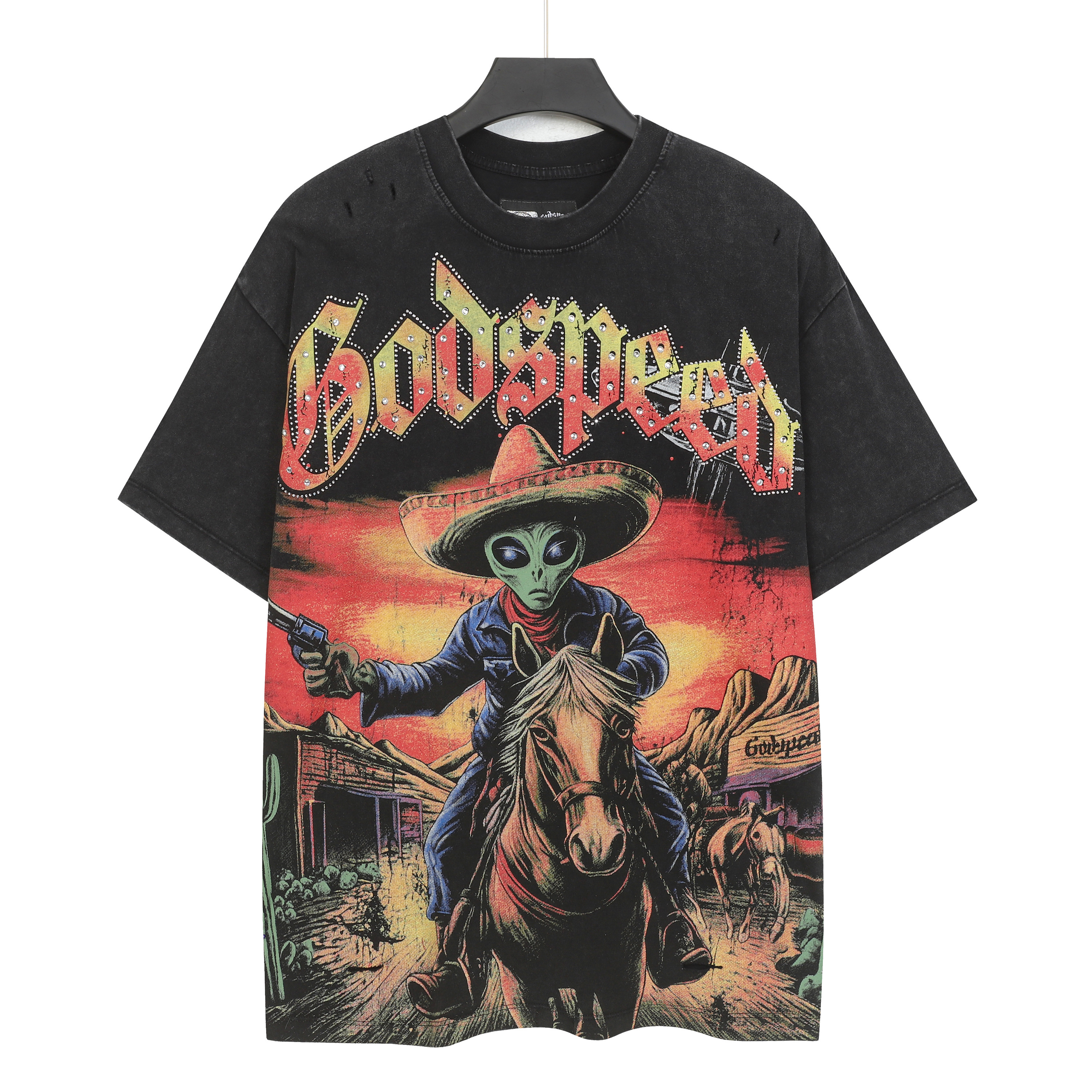 Street racing cowboy alien washed vintage style short-sleeved T-shirt