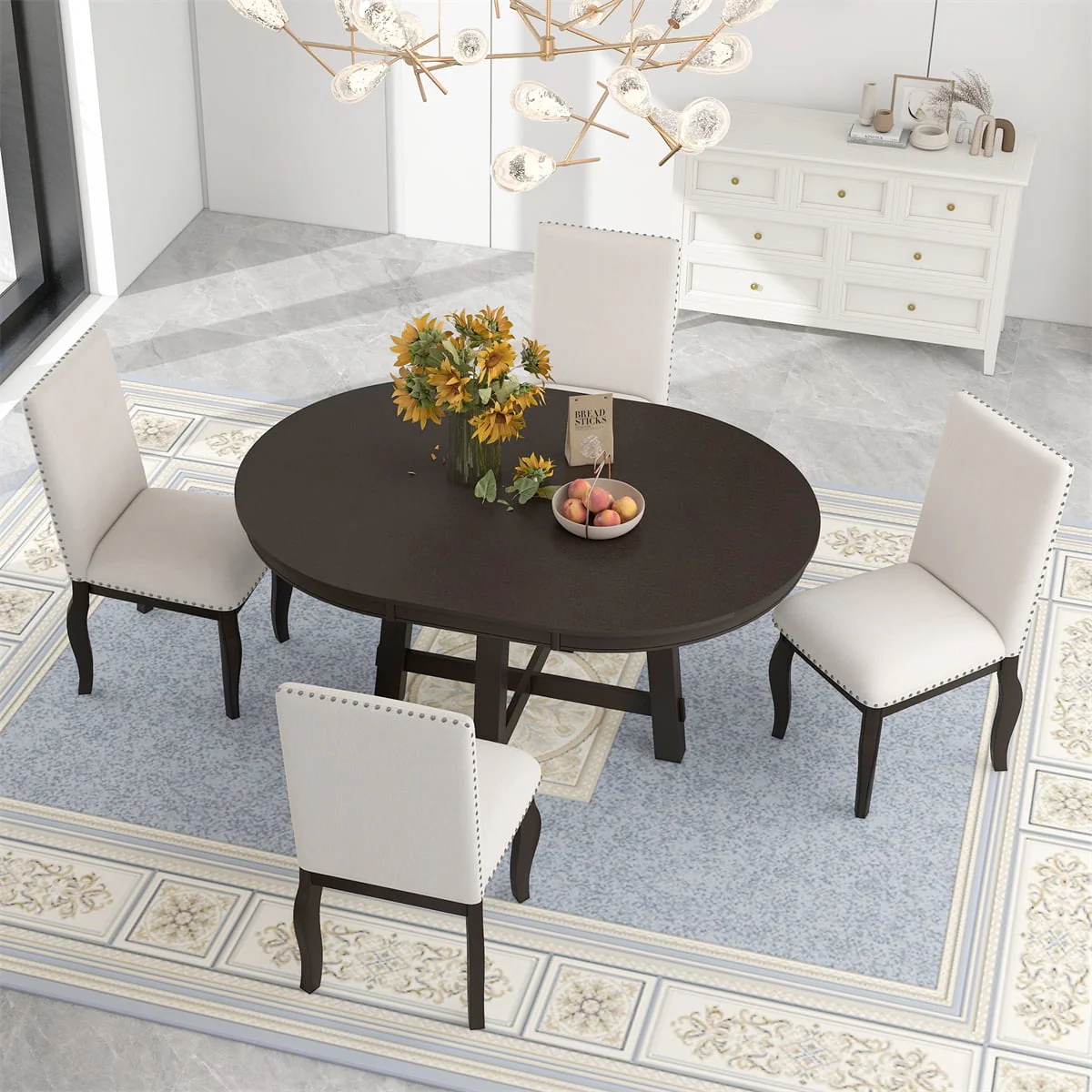 ARCTICSCORPION 5-Piece Dining Table Set, Wood Round Extendable Dining Table and 4 Upholstered Dining Chairs, Farmhouse Style Dining Furniture Set for Living Room, Kitchen, Dining, Espresso