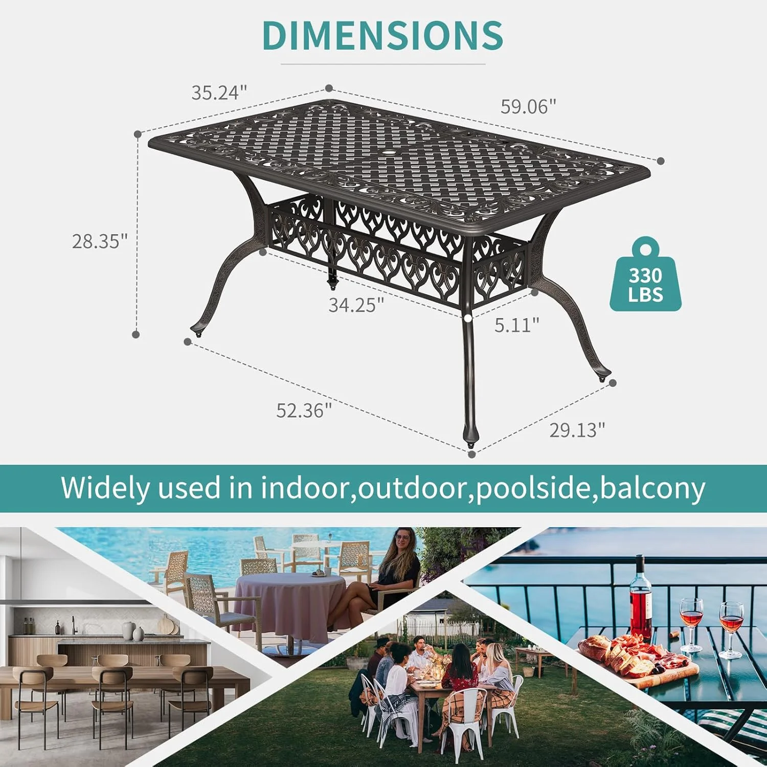 59.06" Cast Aluminum Outdoor Dining Table for 6? People, Rust-Resistant All-Weather Metal Patio Table with 2" Umbrella Hole, Heavy-Duty Garden Furniture for Deck, Backyard, Dark Bronze, Only Desk