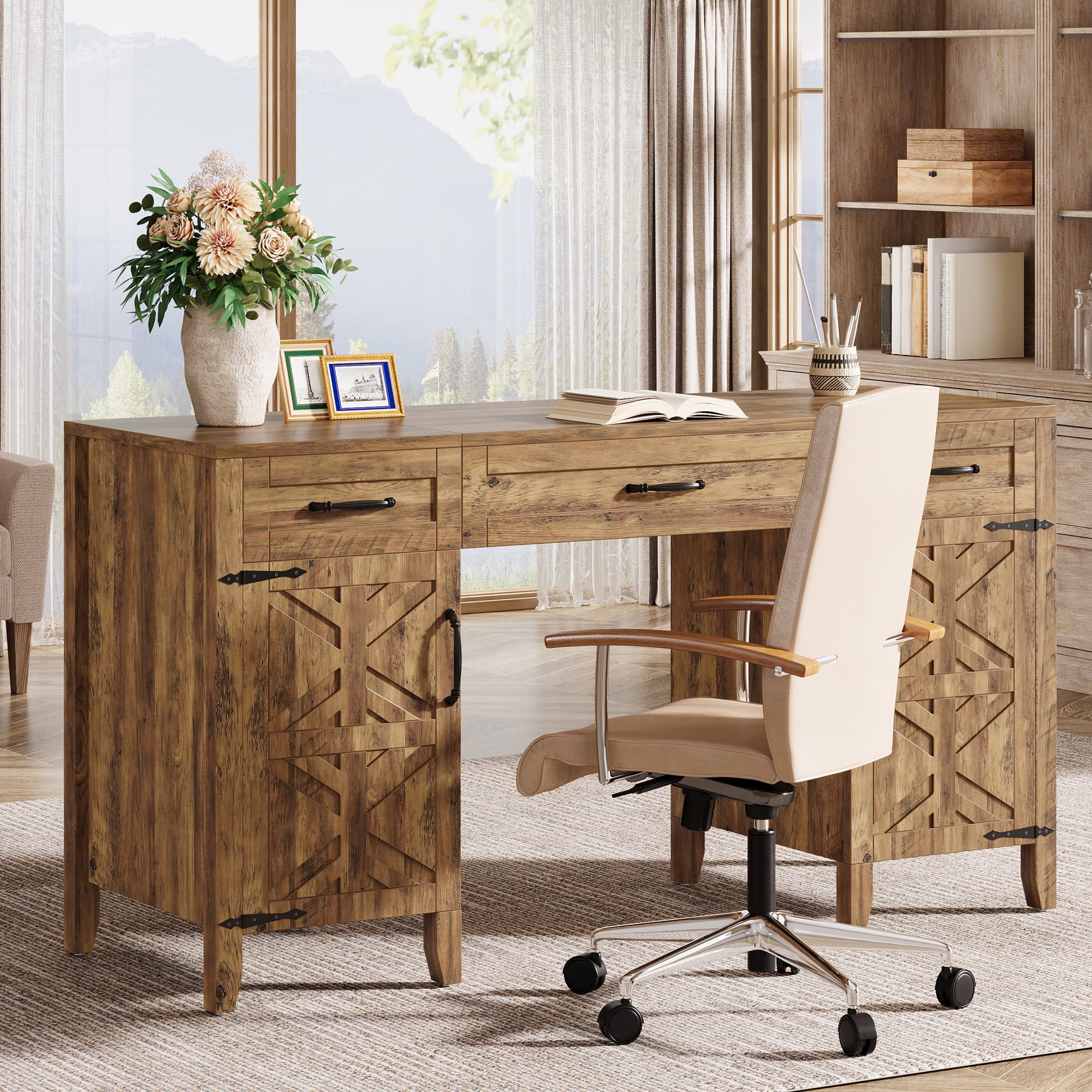 Tribesigns 59" Computer Desk with Drawers, Farmhouse Wooden Office Executive Desk with Files Storage Cabinets