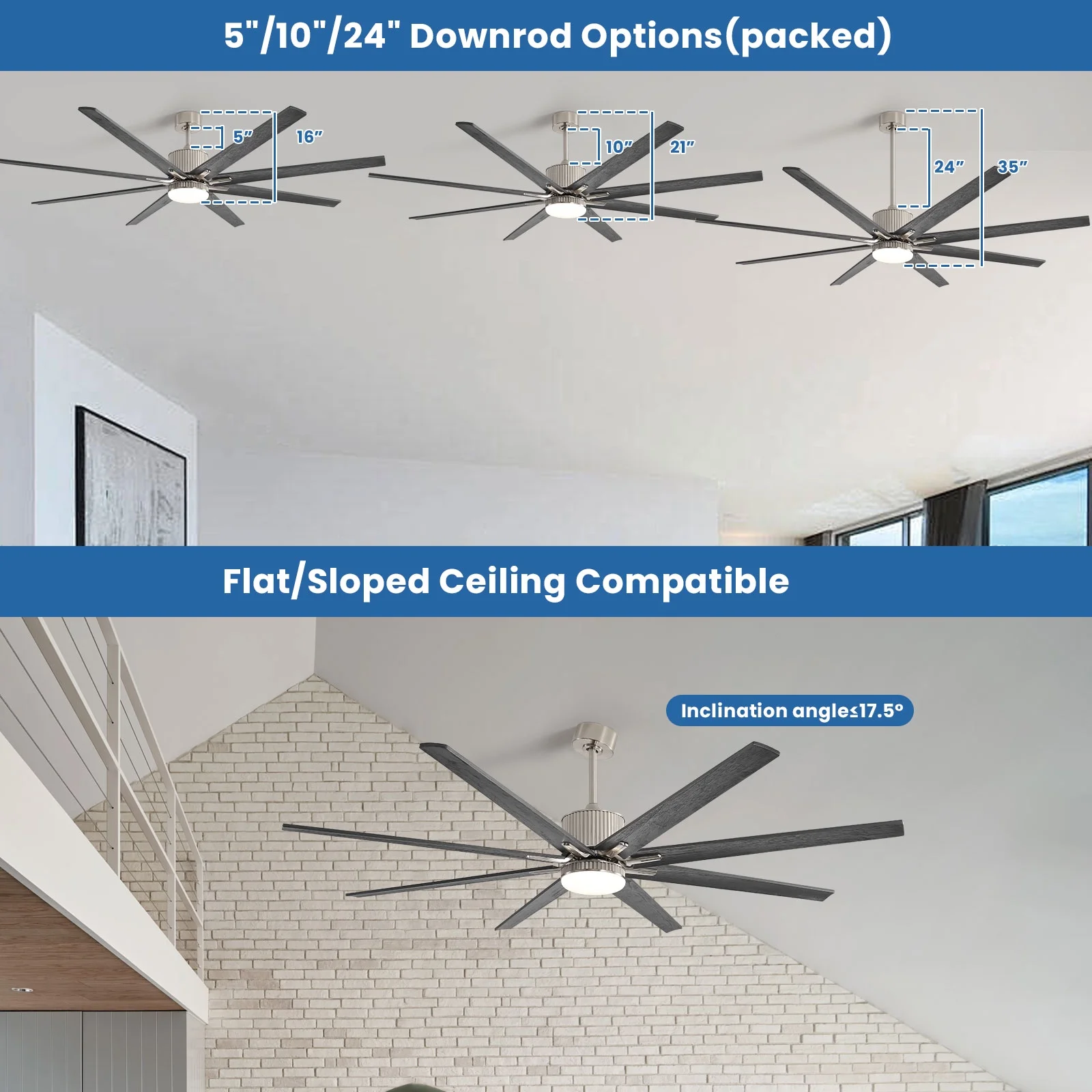 Sofucor 76 Inch Large Industrial Ceiling Fan with Light, Smart Fan with Remote & APP Control, Compatible with Alexa Google, Solid Wood 8 Blade, 3 Downrod