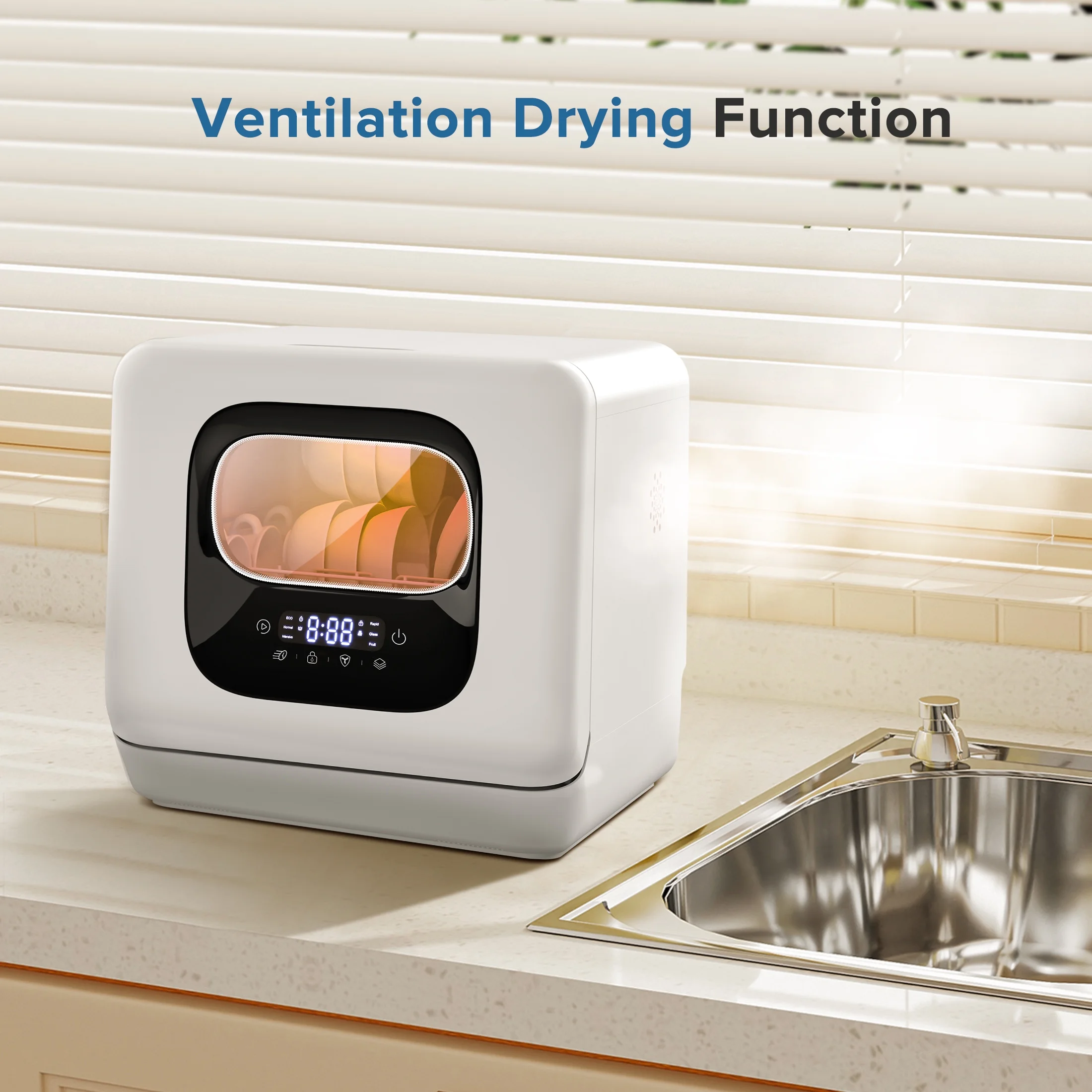 Auseo Portable Countertop Dishwasher, 6 Washing Programs with Child Lock and Air-Dry Function, Suitable for Home/Kitchen