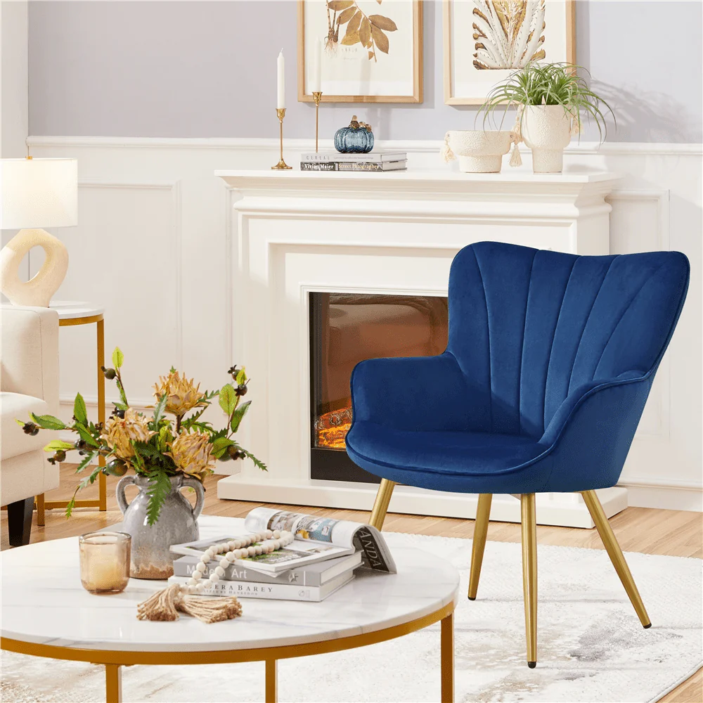 Easyfashion Modern Upholstered Velvet Accent Chair with Wing Side, Blue