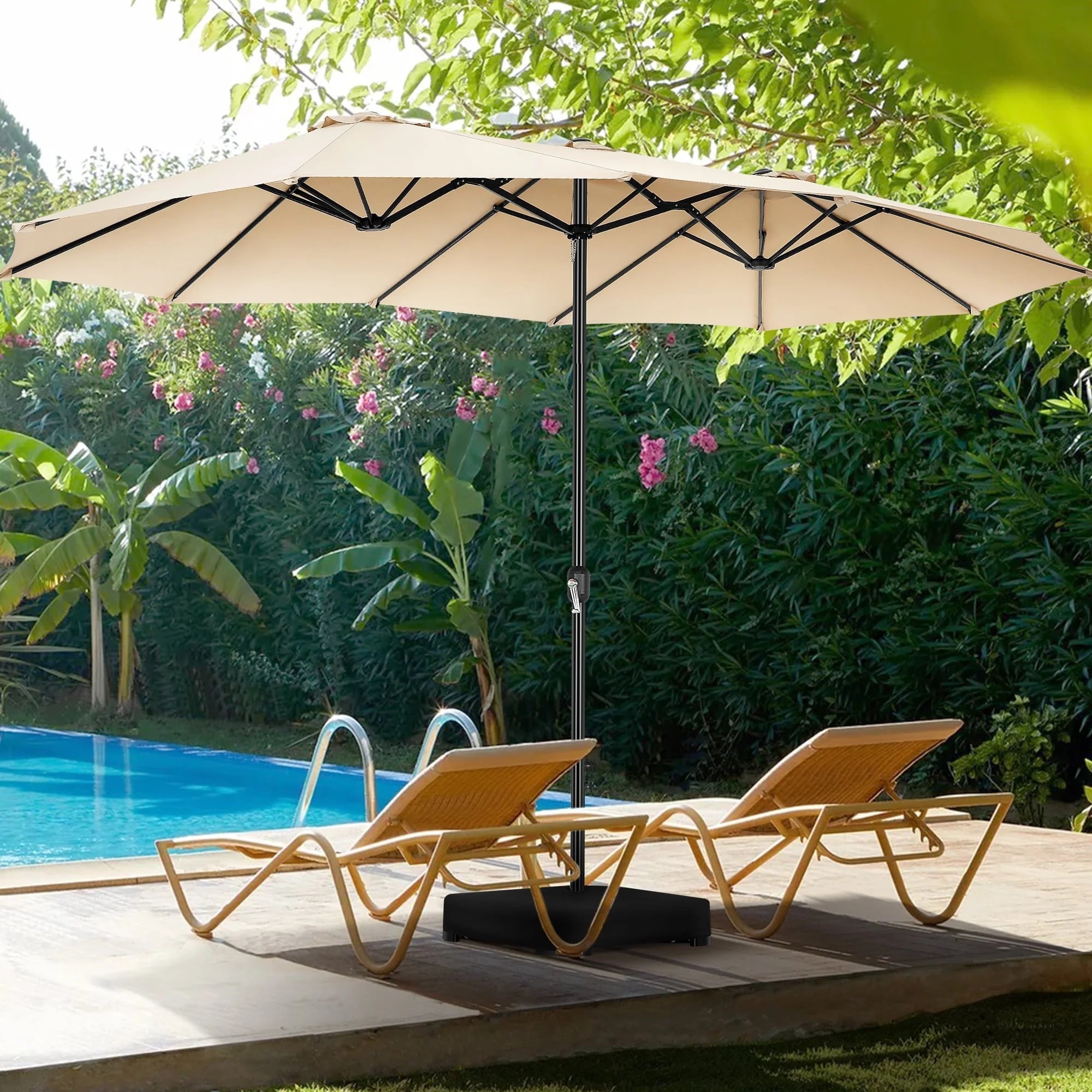 VIBESPARK 15ft Double-Sided Patio Umbrella with Base Extra Large Outdoor Table Umbrella Market Umbrella Beige