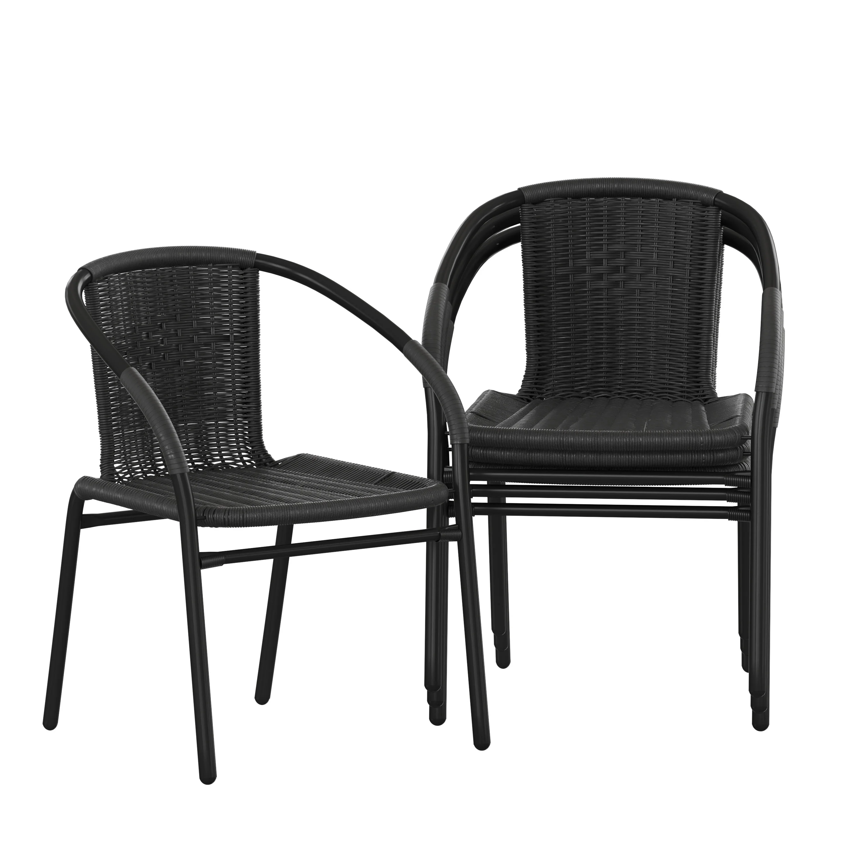 Emma + Oliver 4 Pack Black Rattan Indoor-Outdoor Restaurant Stack Chair with Curved Back