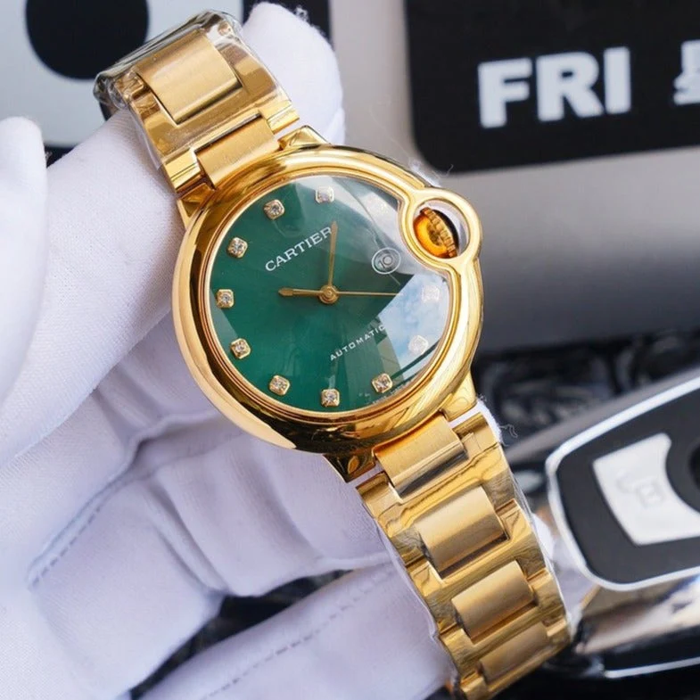 Cartier Watch BALLON BLEU 33MM GOLD GREEN DIAL DIAMOND NUMERALS