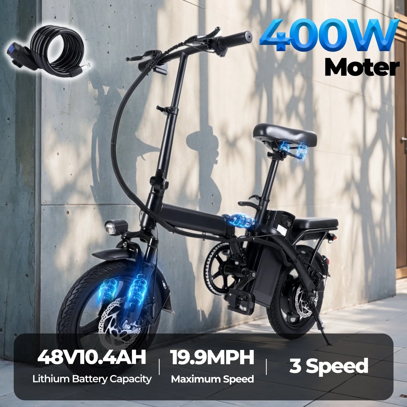 Kunyun 48V 400W Adult Electric Bikes,14" Tires, 20mph, 19-22mi Range, Dual Disc Brakes, Adjustable Seat, Removable Basket, Folding Design.