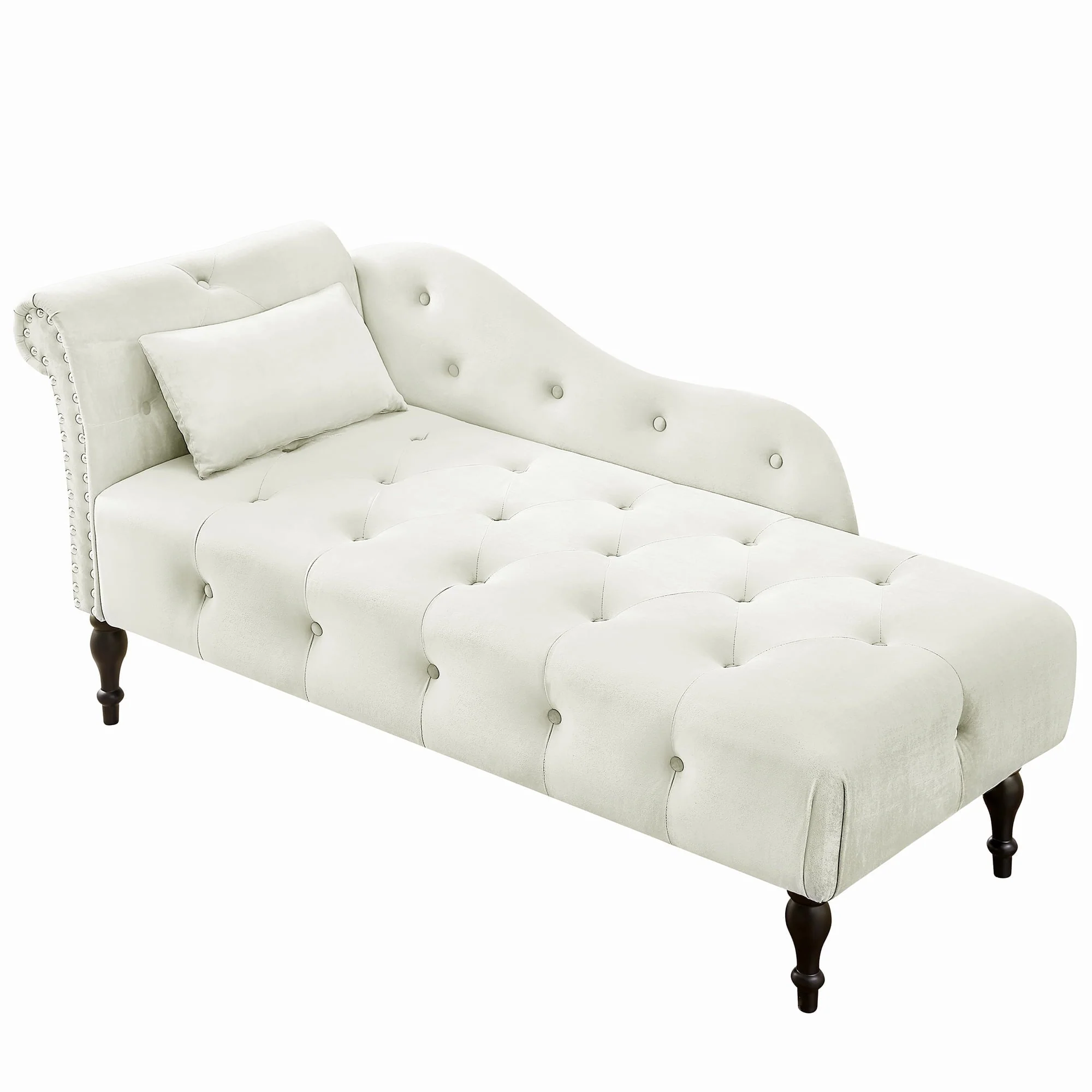 HUTWIFE Velvet Chaise Lounge, Left Arm Design Chaise with Nailhead Trim Tufted Button Lounge Chair with Pillow Modern Upholstered Rolled Arm Lounges Chair for Living Room Bedroom