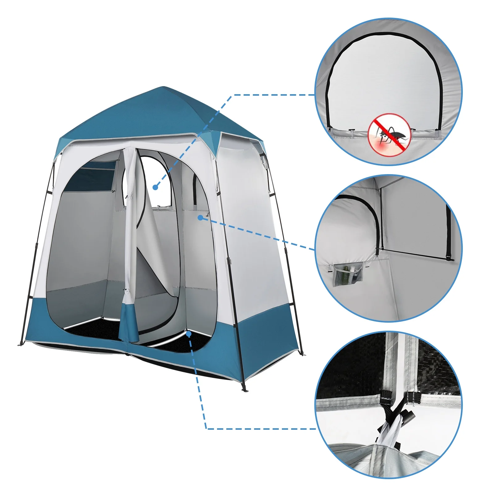 Xilee Shower Tent Camping,2-Room Portable Changing Room, Outdoor Shower Enclosure, Pop Up Privacy Tent Shelter with Floor & Doors, Waterproof & Lightweight, Camping Toilet Bathroom Blue/White