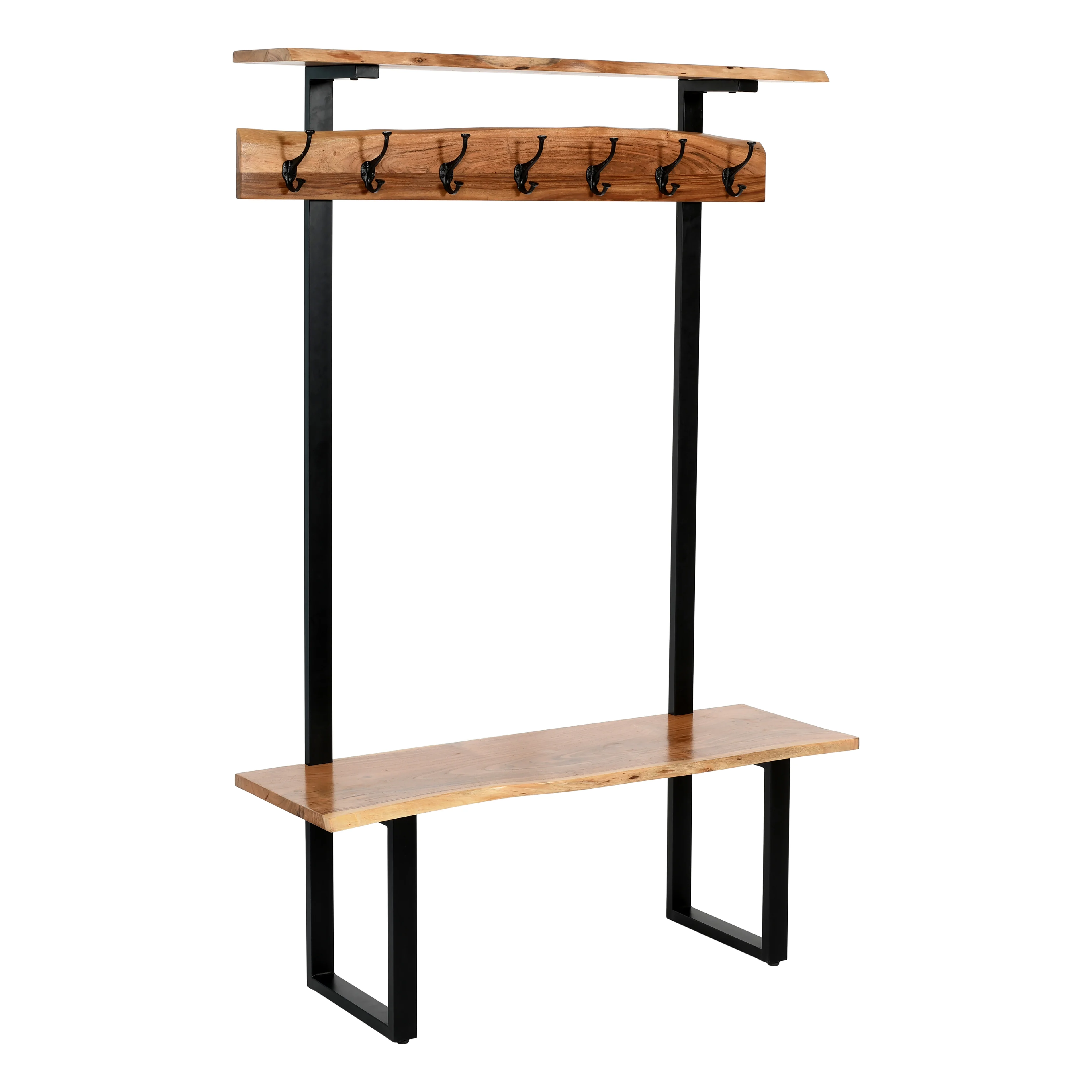 Alaterre Furniture Alpine 72" Hall Tree with Bench and Coat Hooks, Natural Acacia Wood with Live Edge and Metal Strap Legs, Natural Finish