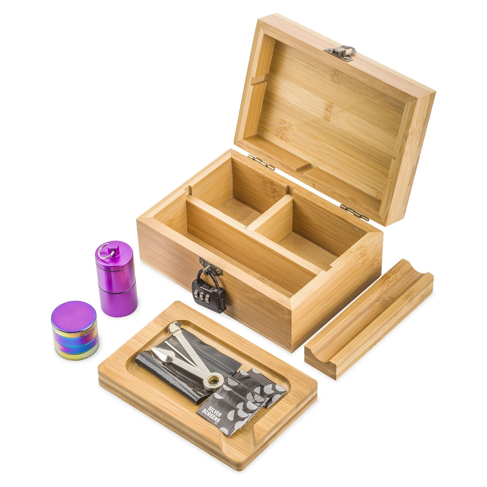 Wooden Stash Box Lock w/ Dab Rig Fumed Glass Pipe Set