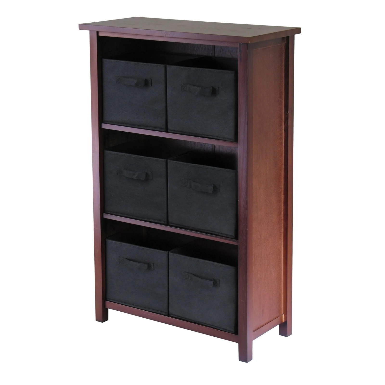 Winsome Wood Verona 5-Pc 2-Tier Storage Shelf with 4 Foldable Fabric Baskets, Walnut & Beige