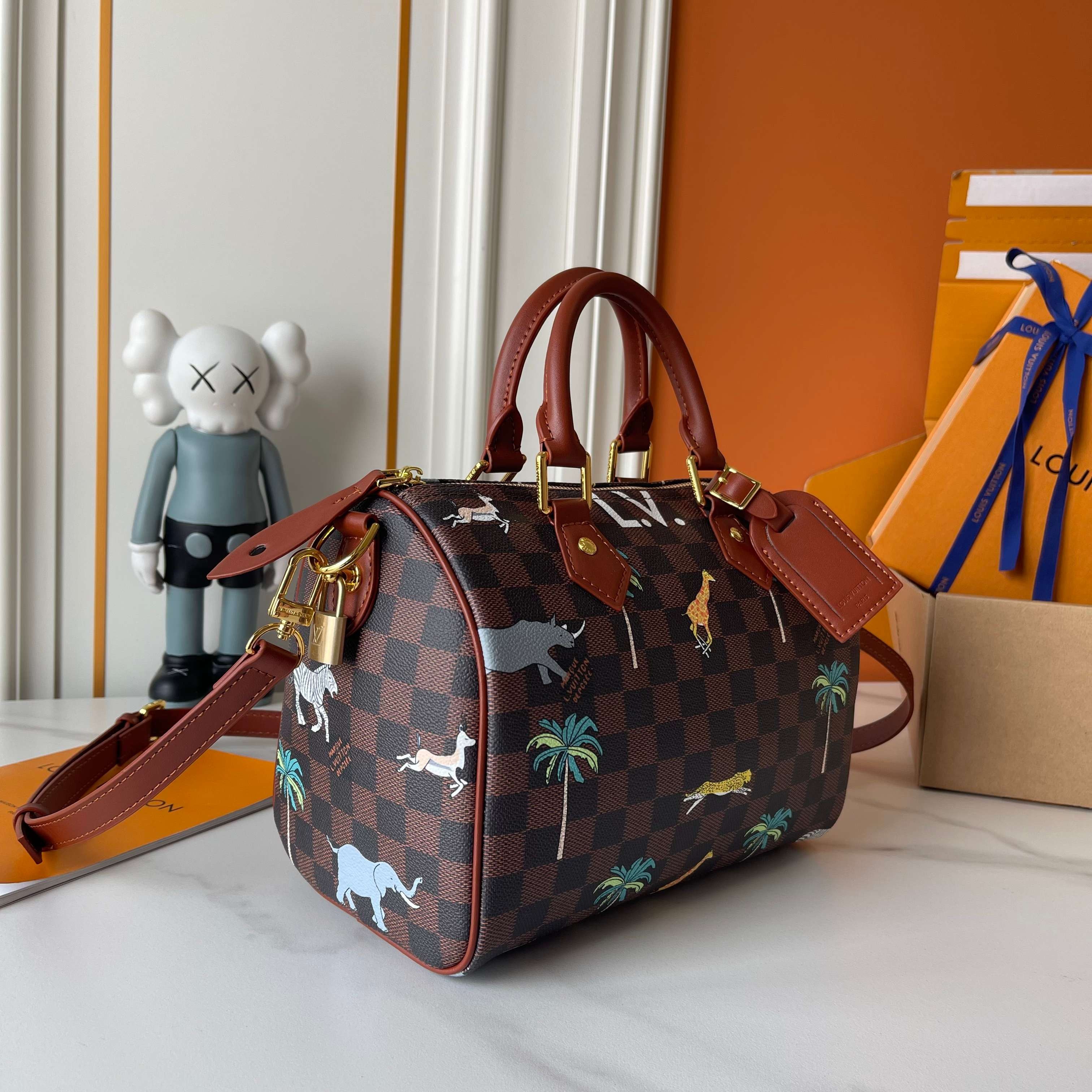 LV Speedy 25 Damier Ebene Safari Jungle Animal Printed Boston Top Handle Bag
