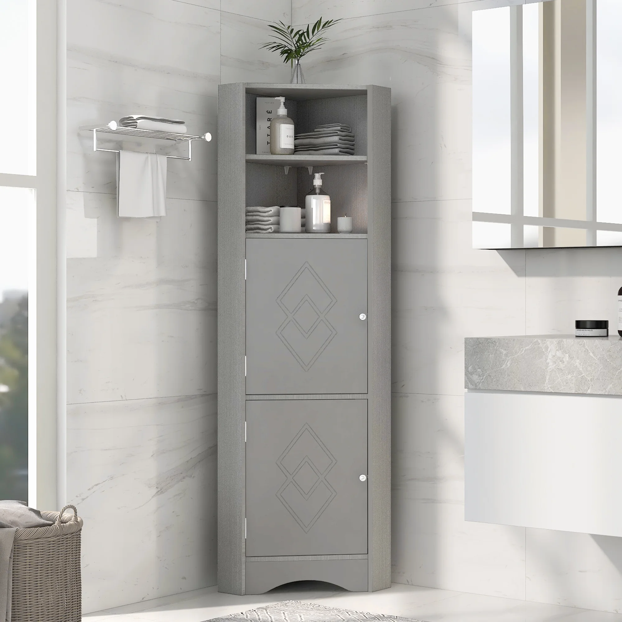 Harper & Bright Designs Bathroom Corner Cabinet Tall Bathroom Storage Floor Cabinet Freestanding Storage Cabinet with Doors and Adjustable Shelves, Gray