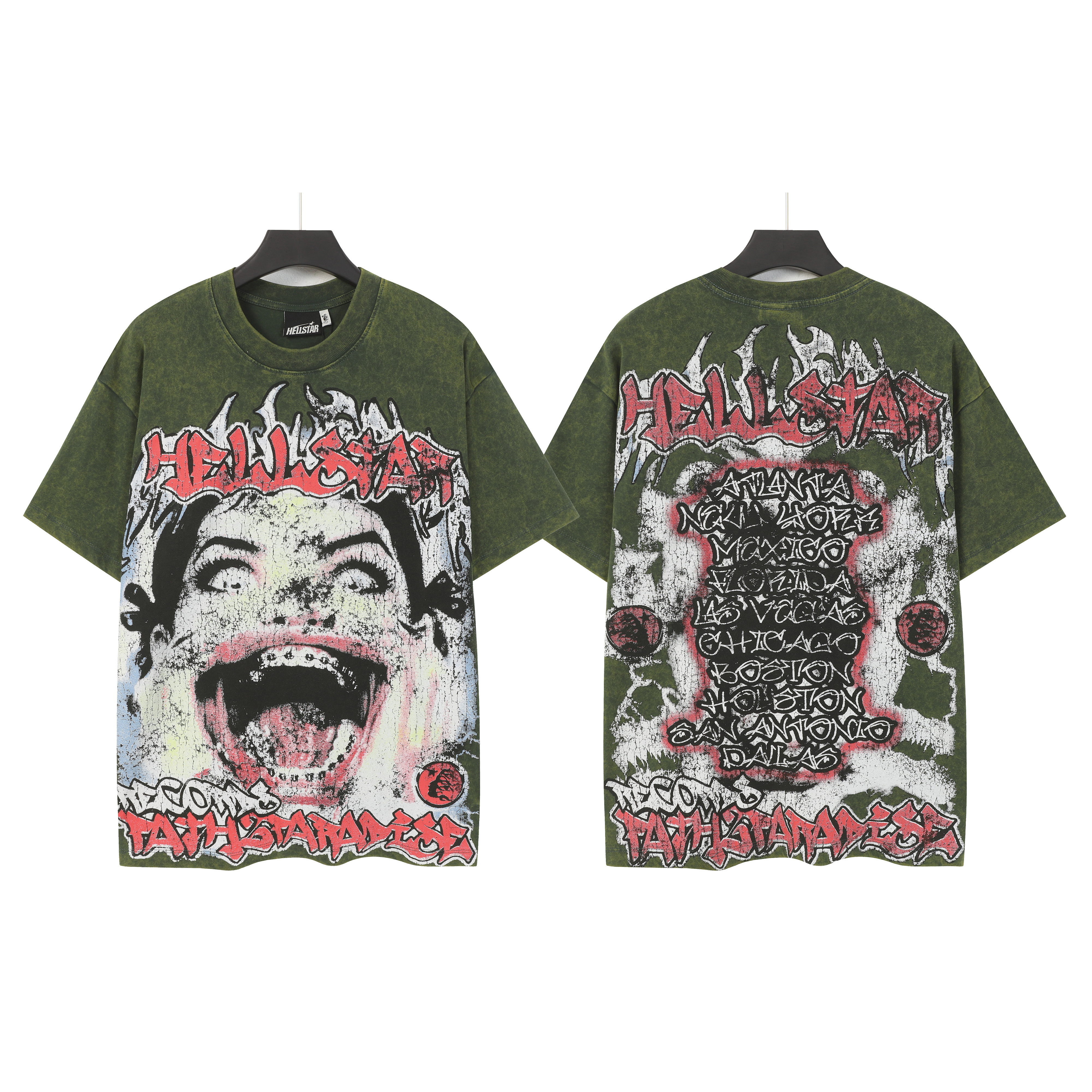Army green clown girl print street fashion short-sleeved shirt