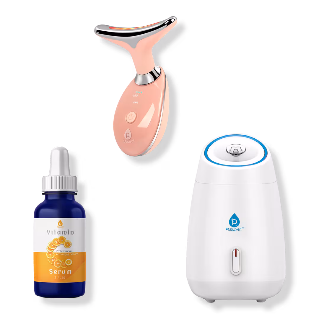 PURSONIC  Facial Steamer, 7-in-1 LED Light Therapy Device & Vitamin C 20% Serum
