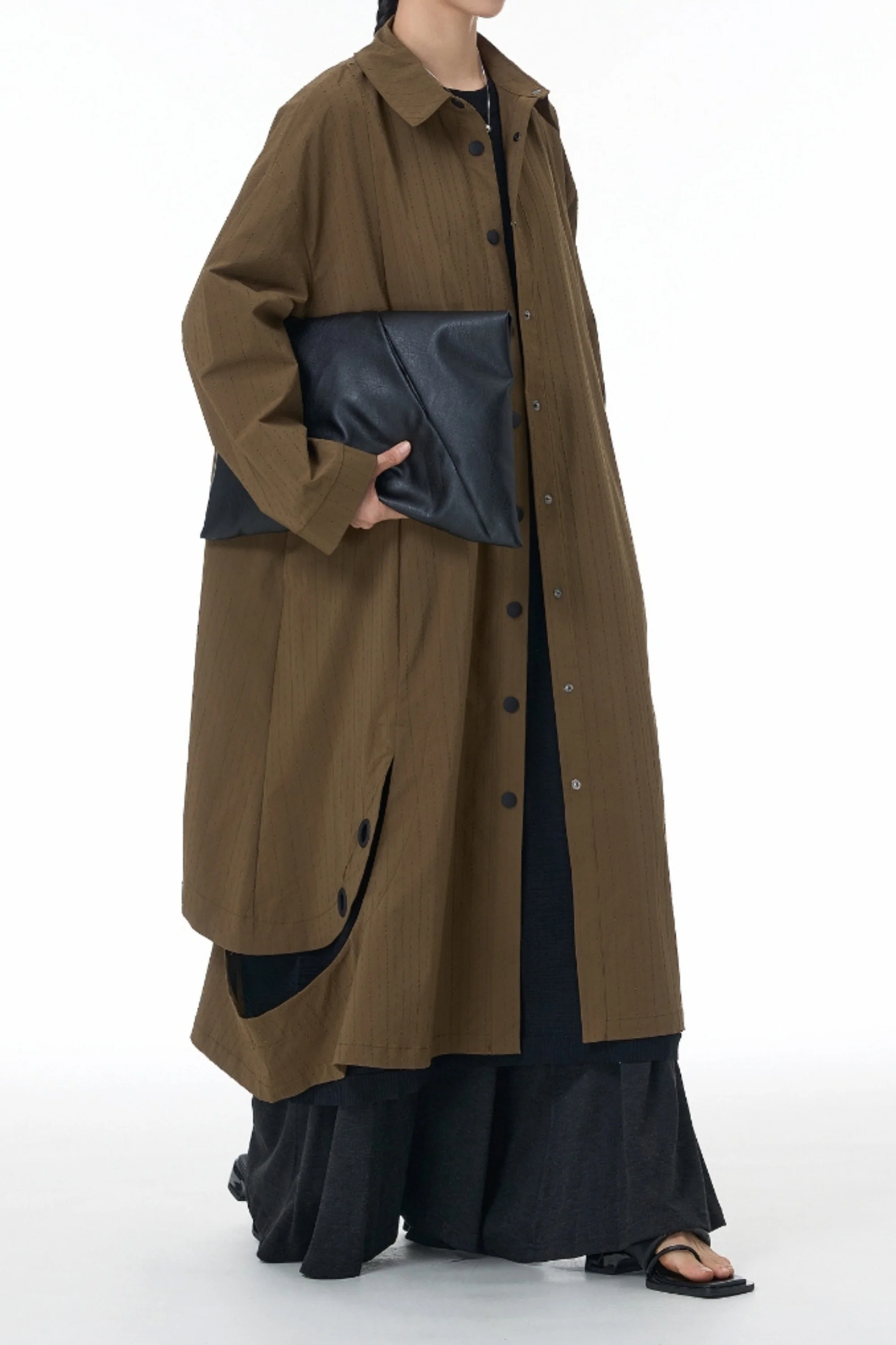 Brown Textured Eyelet Streetwear Trench Coat
