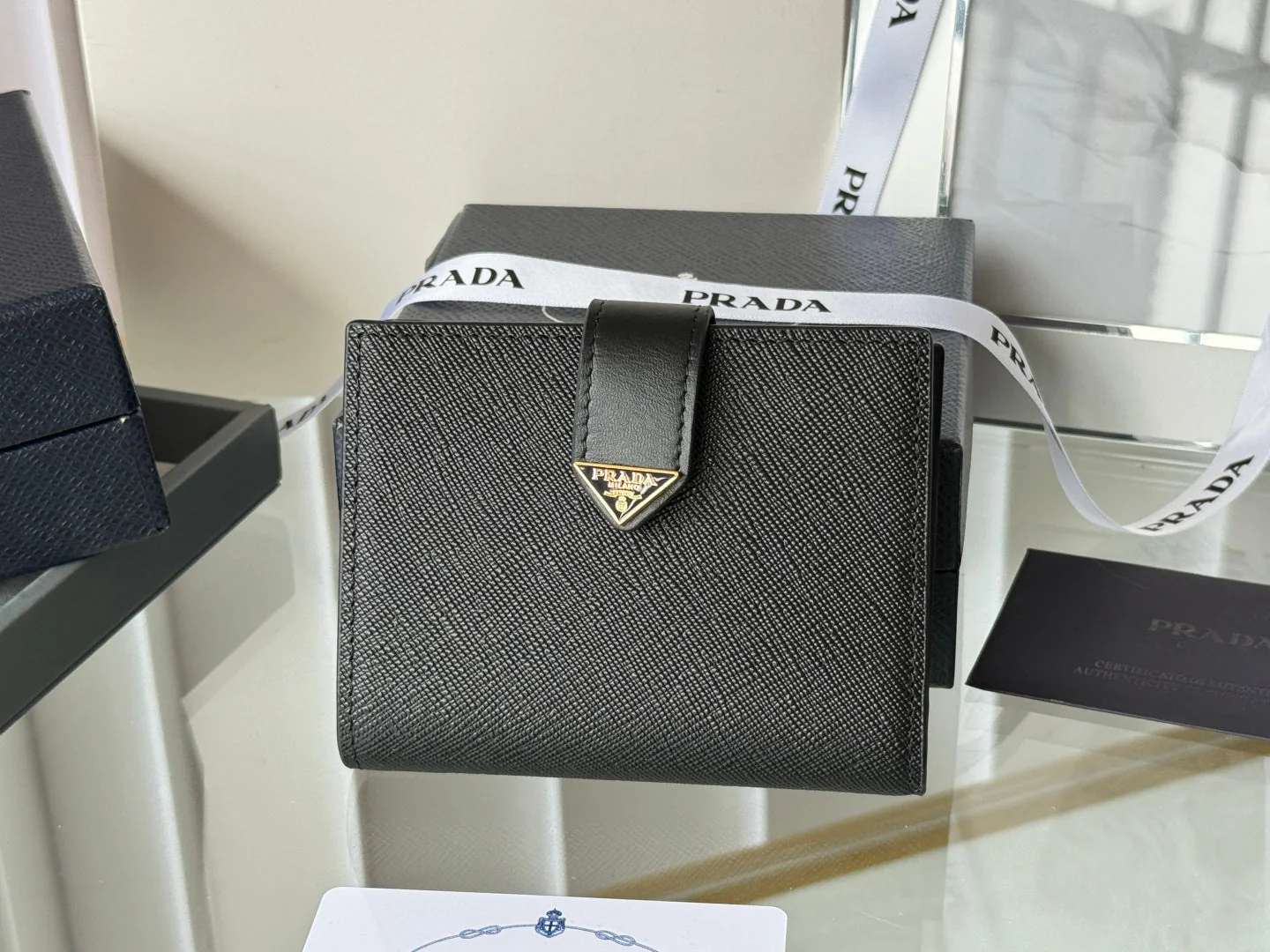 Prada 1MV204 Small Wallet Black Gold Tone Saffiano & Smooth Leather